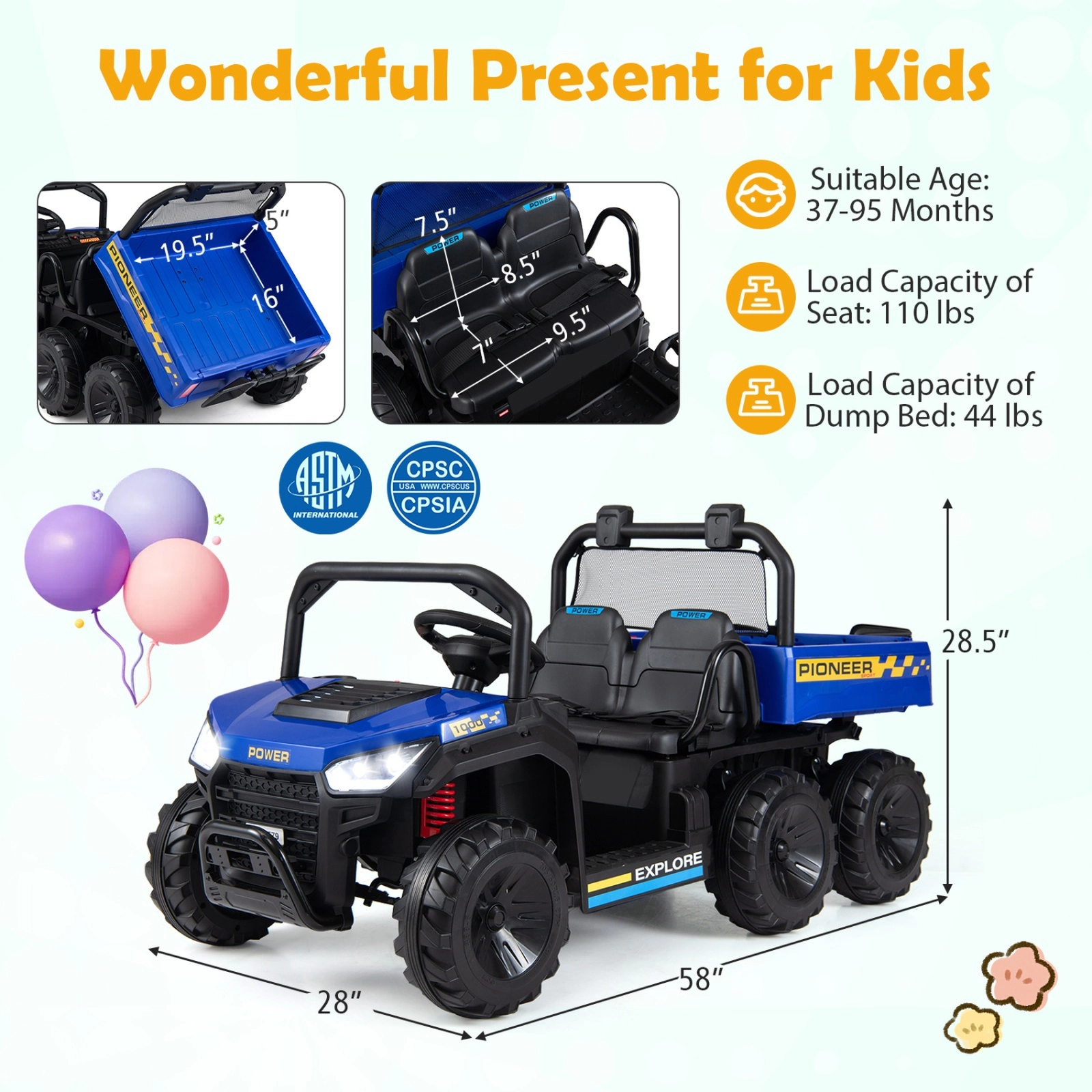 24V Kids Ride On Dump Truck 2-Seater Shovel Holder Cup Holder Parent Remote Electric Dump Bed Ages 3-8 Navy