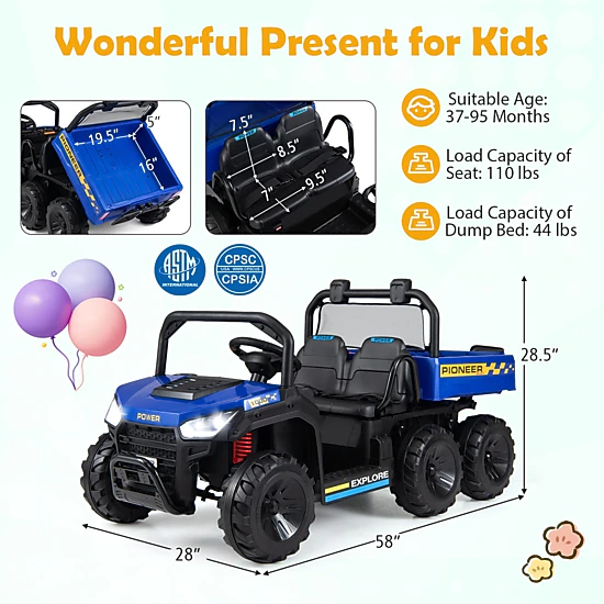 24V Kids Ride On Dump Truck 2-Seater Shovel Holder Cup Holder Parent Remote Electric Dump Bed Ages 3-8 Navy