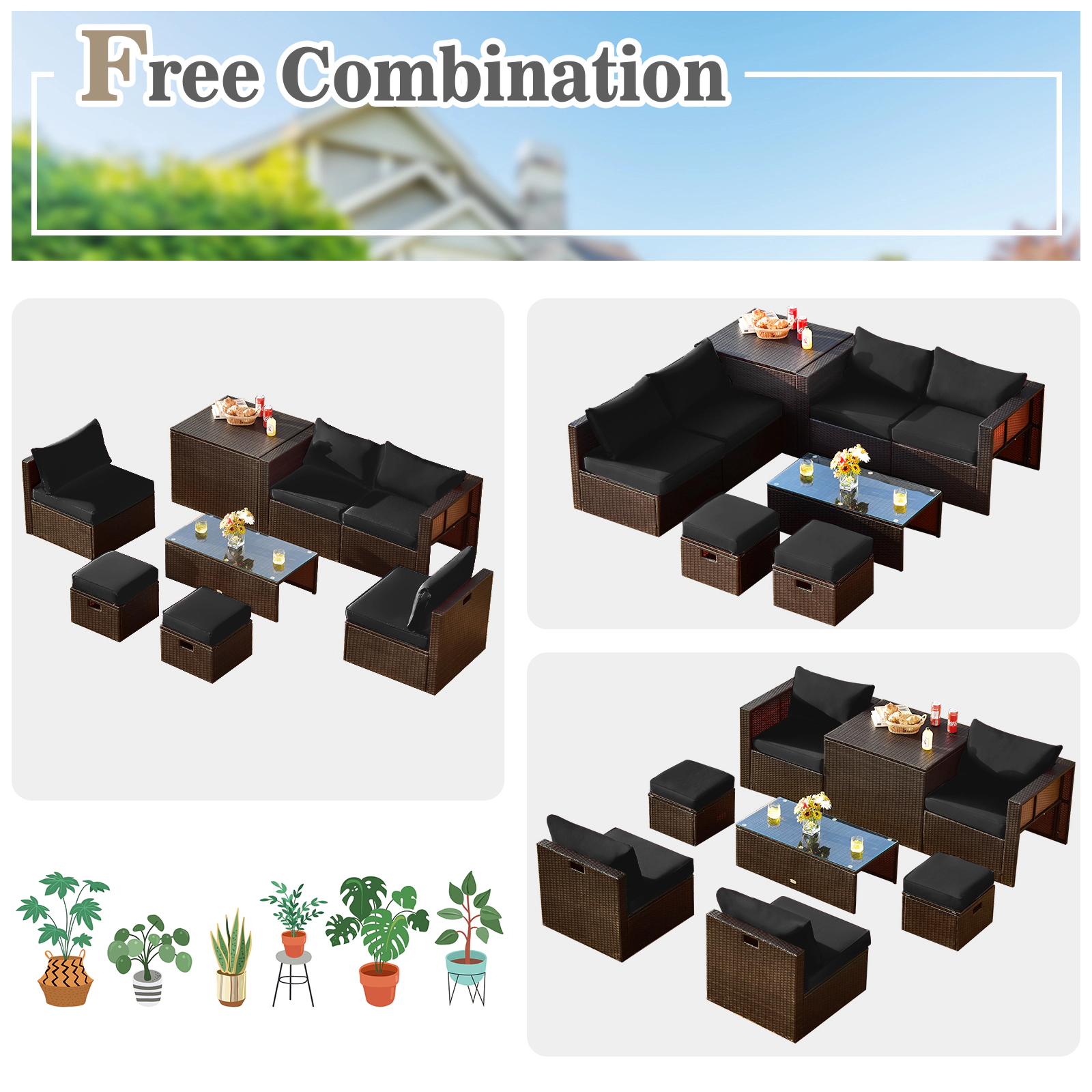LJG 8 Pieces Patio Space-Saving Rattan Furniture Set with Storage Box and Waterproof Cover