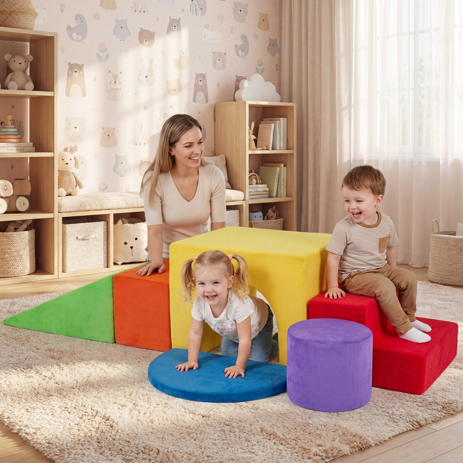 6-Piece Foam Climbing Blocks Soft Play Set with Slide Arch Tunnel and Cushion Velvet Toddler Climbing Toys Red