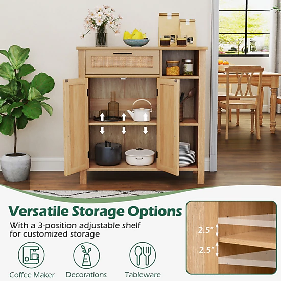 Hivvago Boho Buffet Sideboard Storage Cabinet With Drawer And Rattan Woven Doors