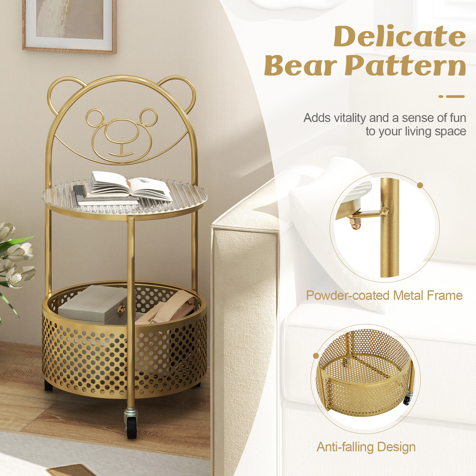 SUGIFT Glass Top and Basket Modern Sofa Side Table on Lockable Wheels