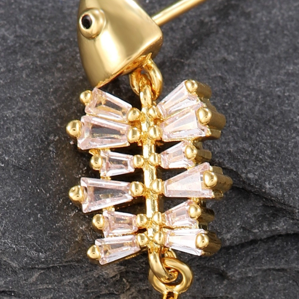 Fish Bone Cubic Zirconia Drop Earring Gold Plated Creative Fish Skeleton Dangle Earring