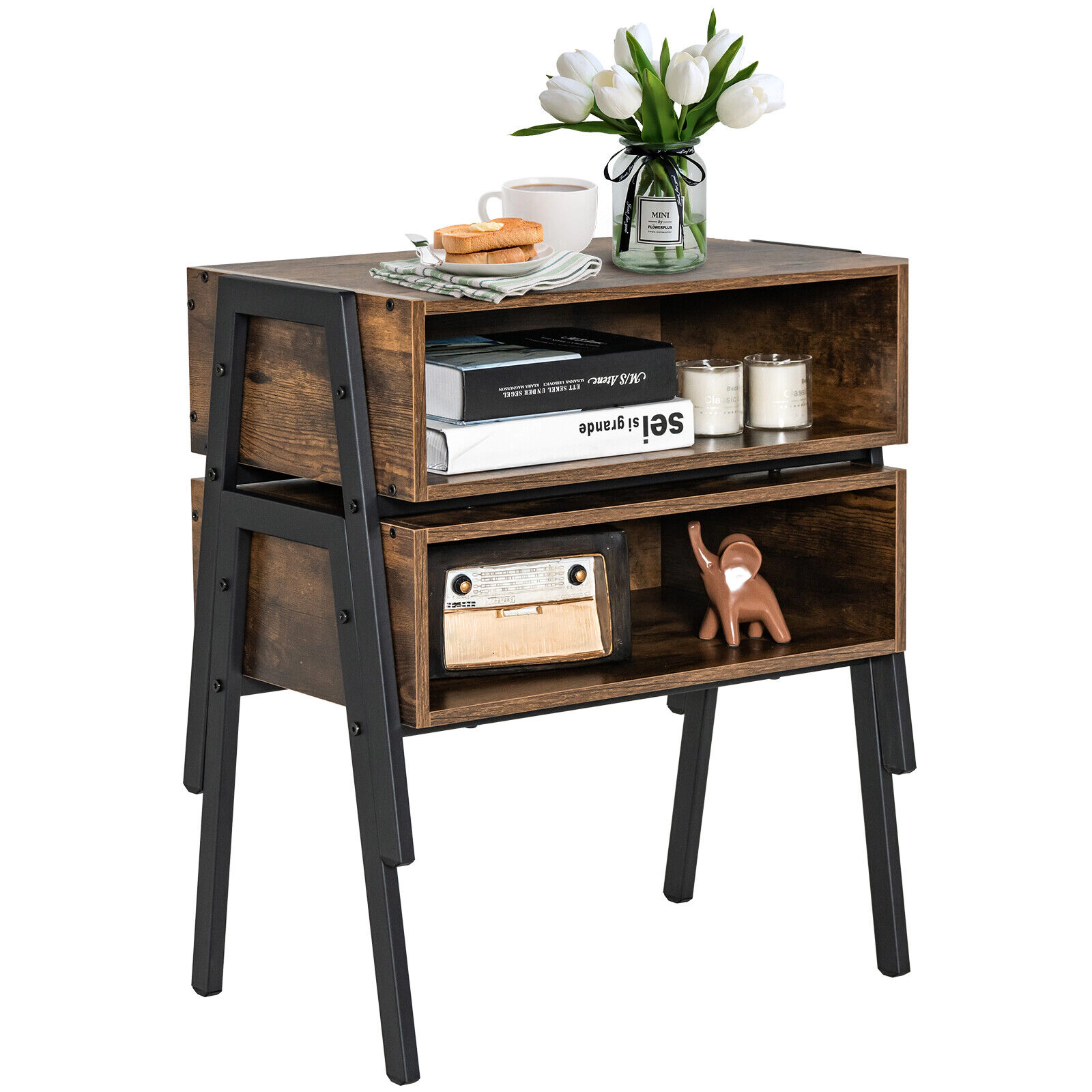 Glintex 2-Piece Stackable Nightstand Set with Steel Frames and Open Compartments, Brown
