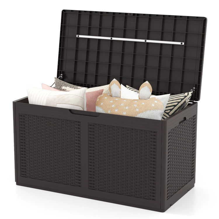 SUGIFT 100-Gal 440-lb Lid Capacity Resin Deck Box Outdoor Storage Bench with Wheels and Rattan Texture
