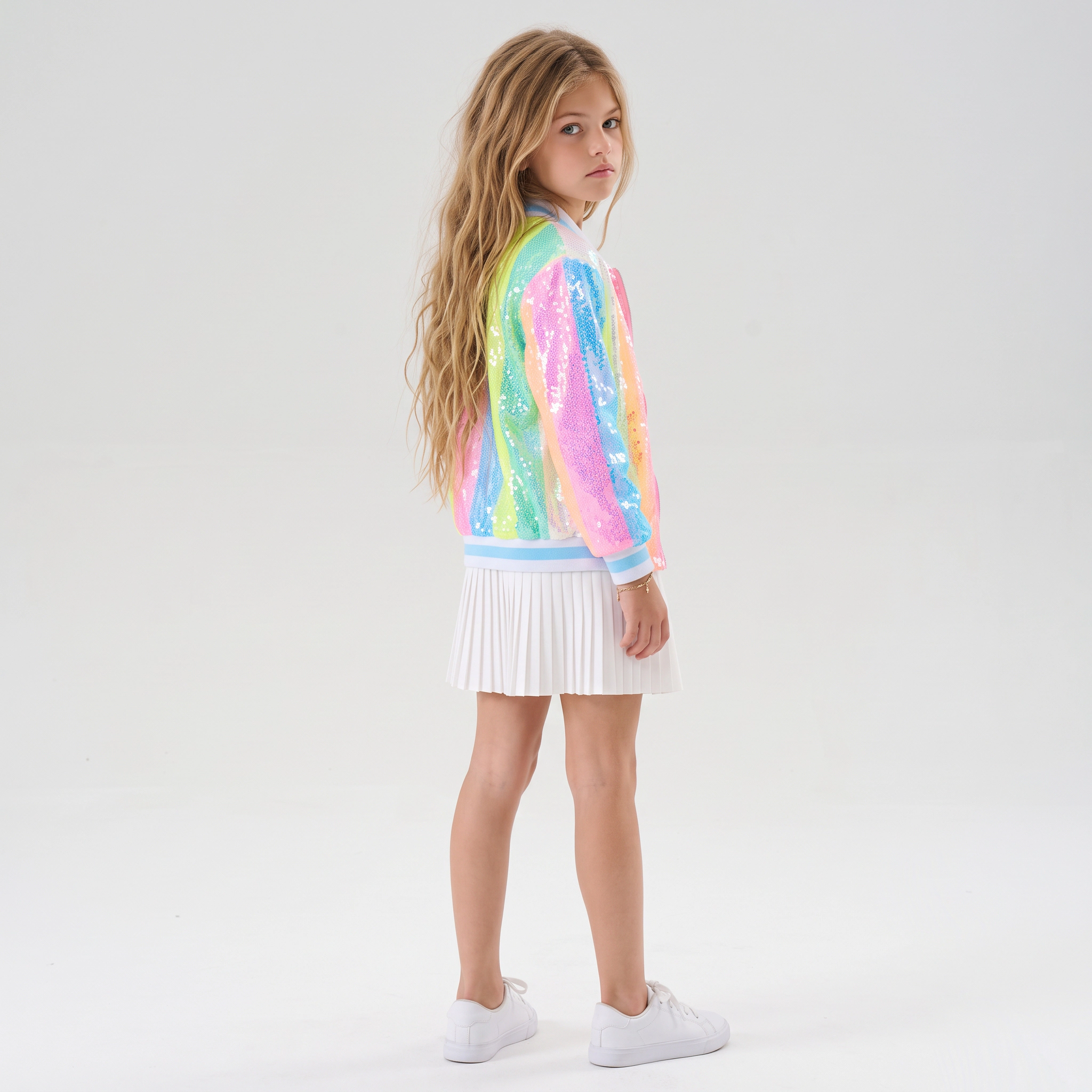 2Bunnies Girls’ Neon Pastel Stripe Sequin Bomber Jacket