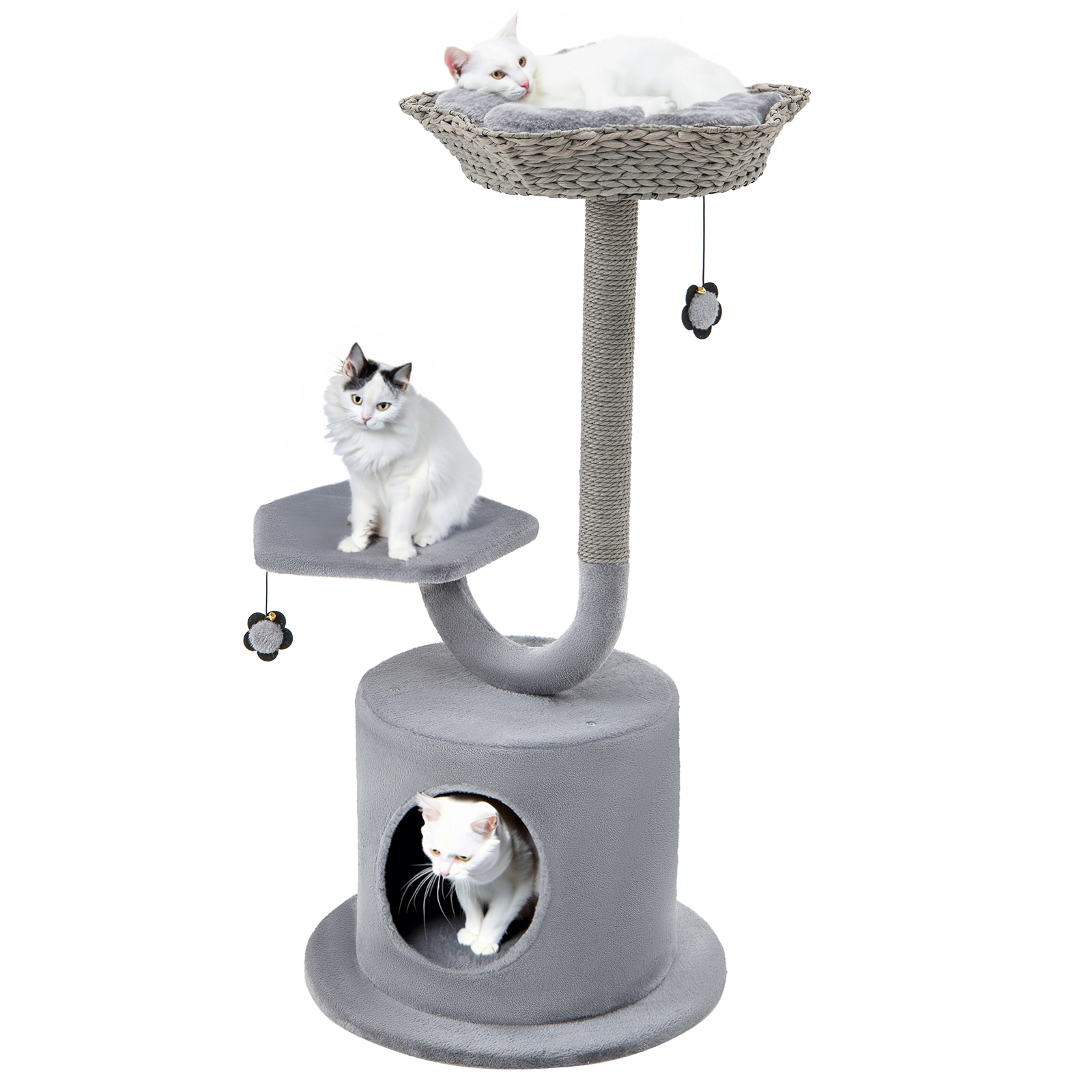 SUGIFT 42 in Cat Tower Gray 3-Tier with Curved Metal Frame Top Perch and Private Condo