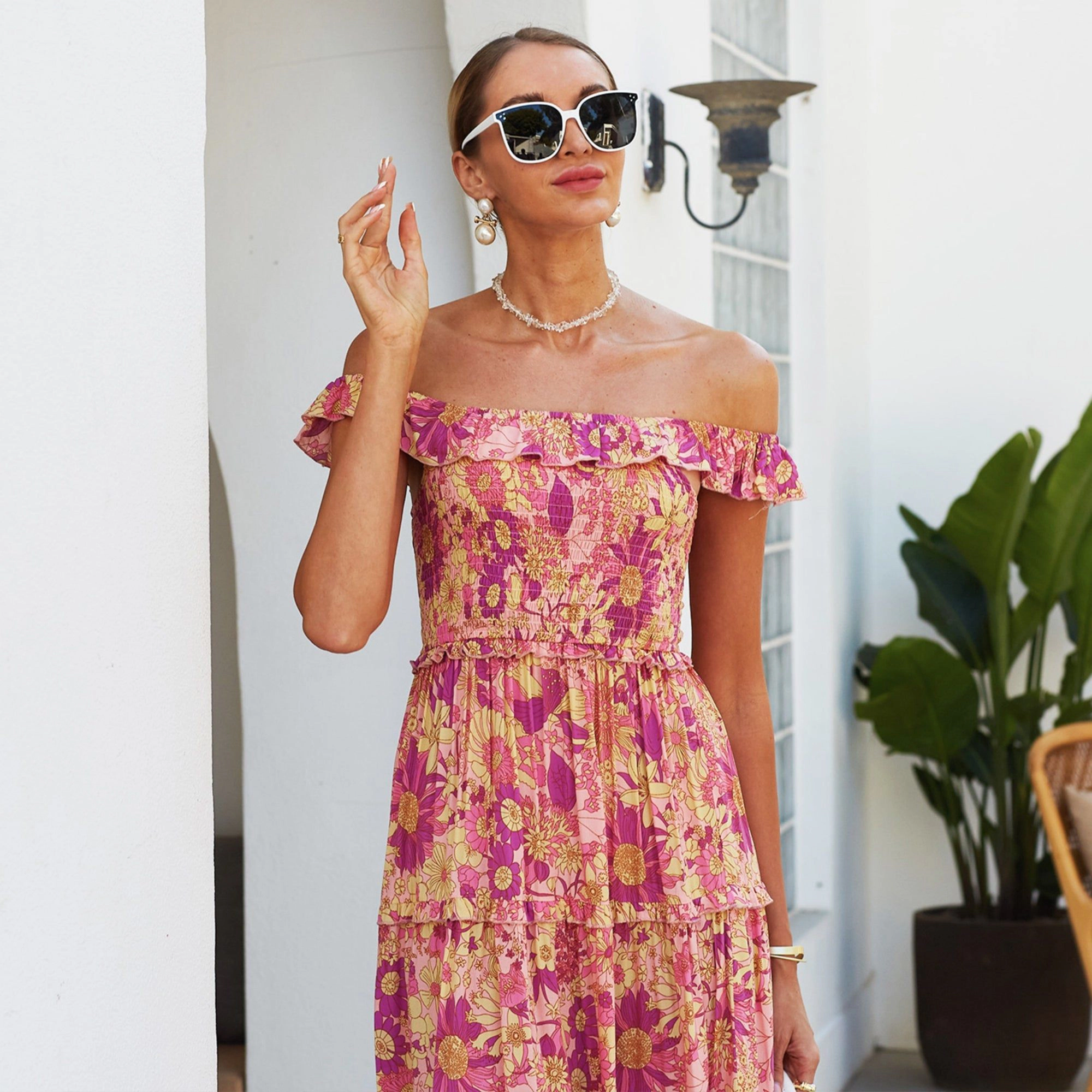 Anna-Kaci Women's Smocked Chest Ruffle Strap Floral Print Hem Maxi Dress