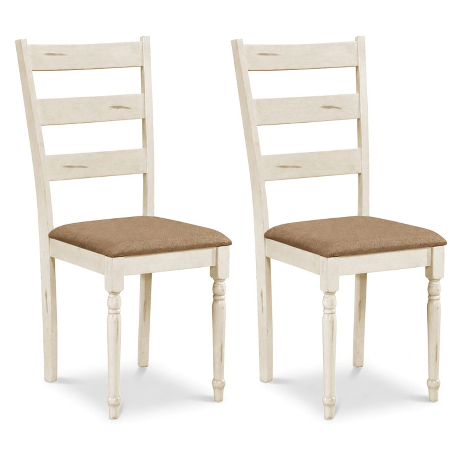 SUGIFT Rubber Wood Dining Chairs Set of 2 with Padded Linen Seat and Slatted Backrest 330-lb Capacity White Brown
