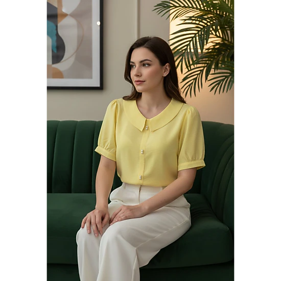 DressAtR Women's Split Collar Round Neck Pearl Detail Puff Elbow Sleeve Blouse