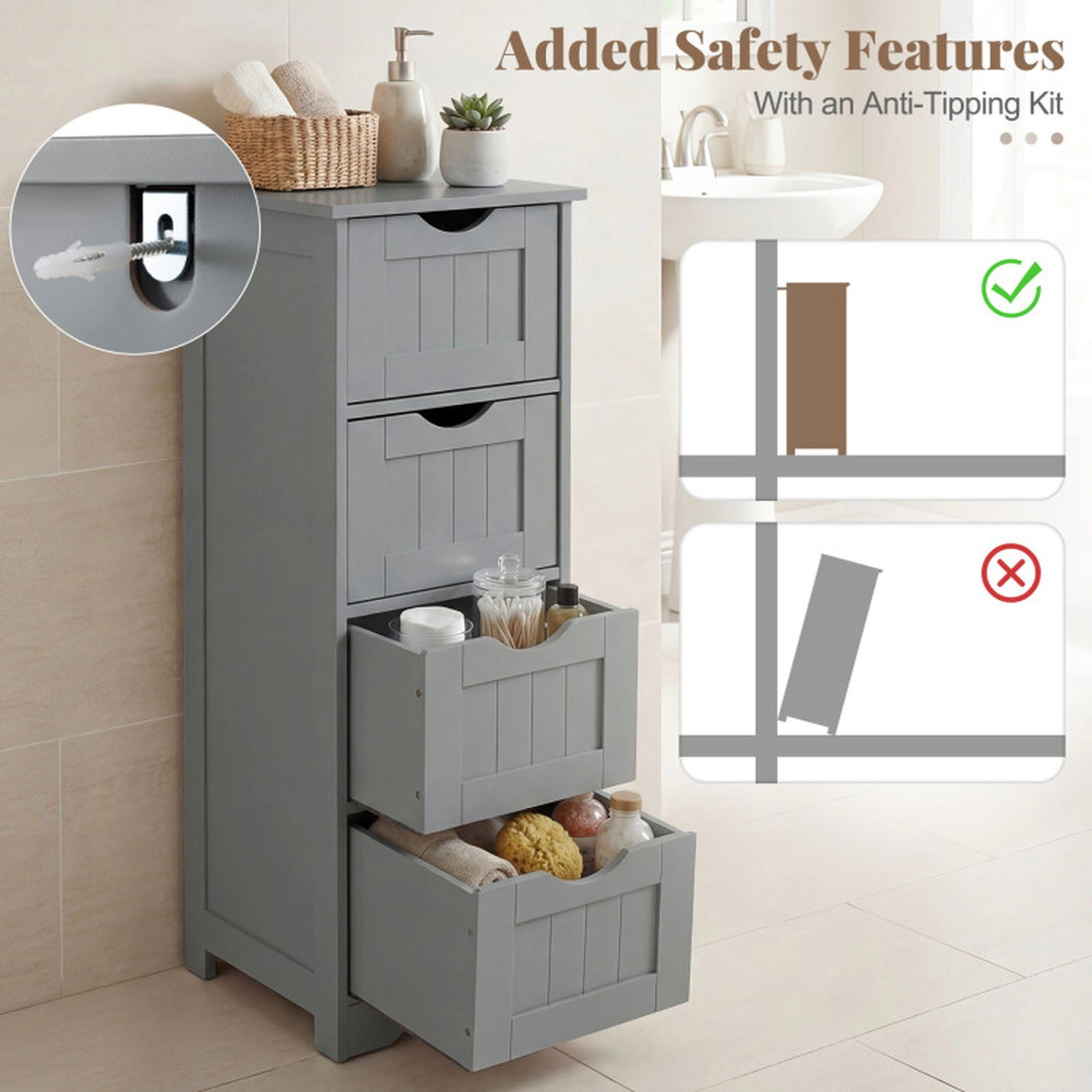 SUGIFT Gray 12-in Square 4-Drawer Freestanding Wooden Bathroom Floor Storage Cabinet with Arched Bottom