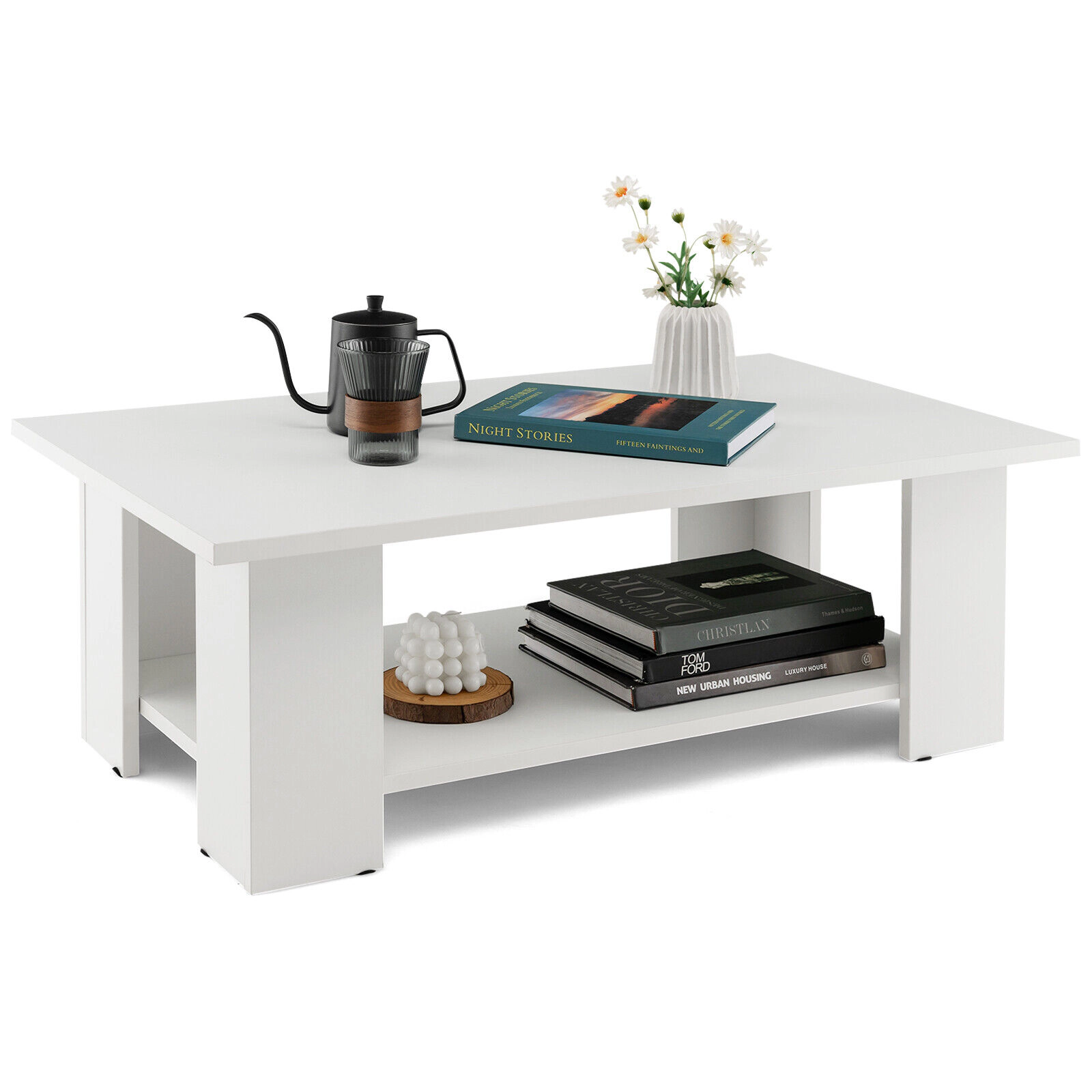 SUGIFT 2-Tier Low Profile Open Shelf Engineered Wood Coffee Table 41-in x 20.5-in x 12.5-in 210-lb Capacity White