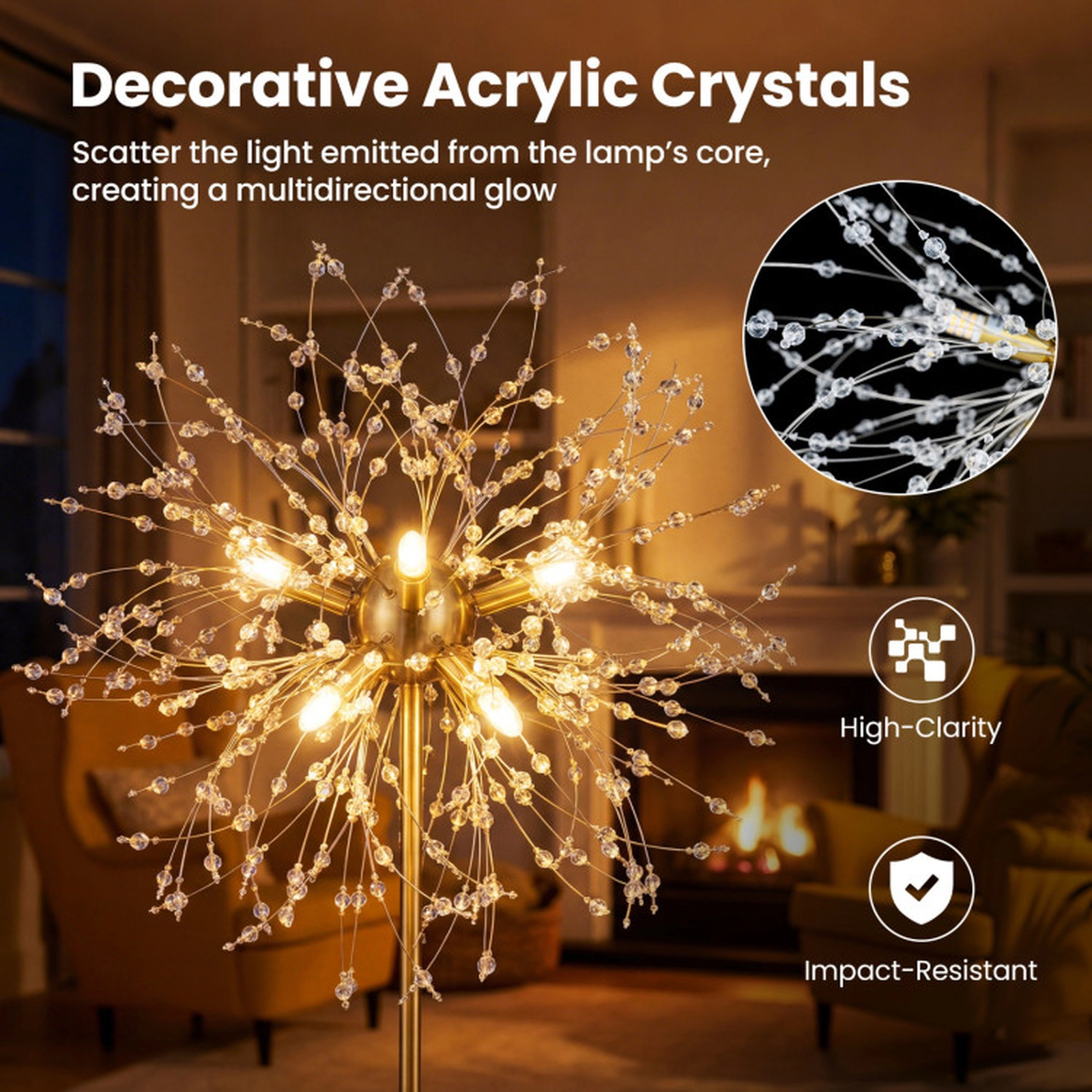 SUGIFT 63-in Dandelion Crystal Floor Lamp with Acrylic Crystals 8 G9 Sockets Gold / Sliver