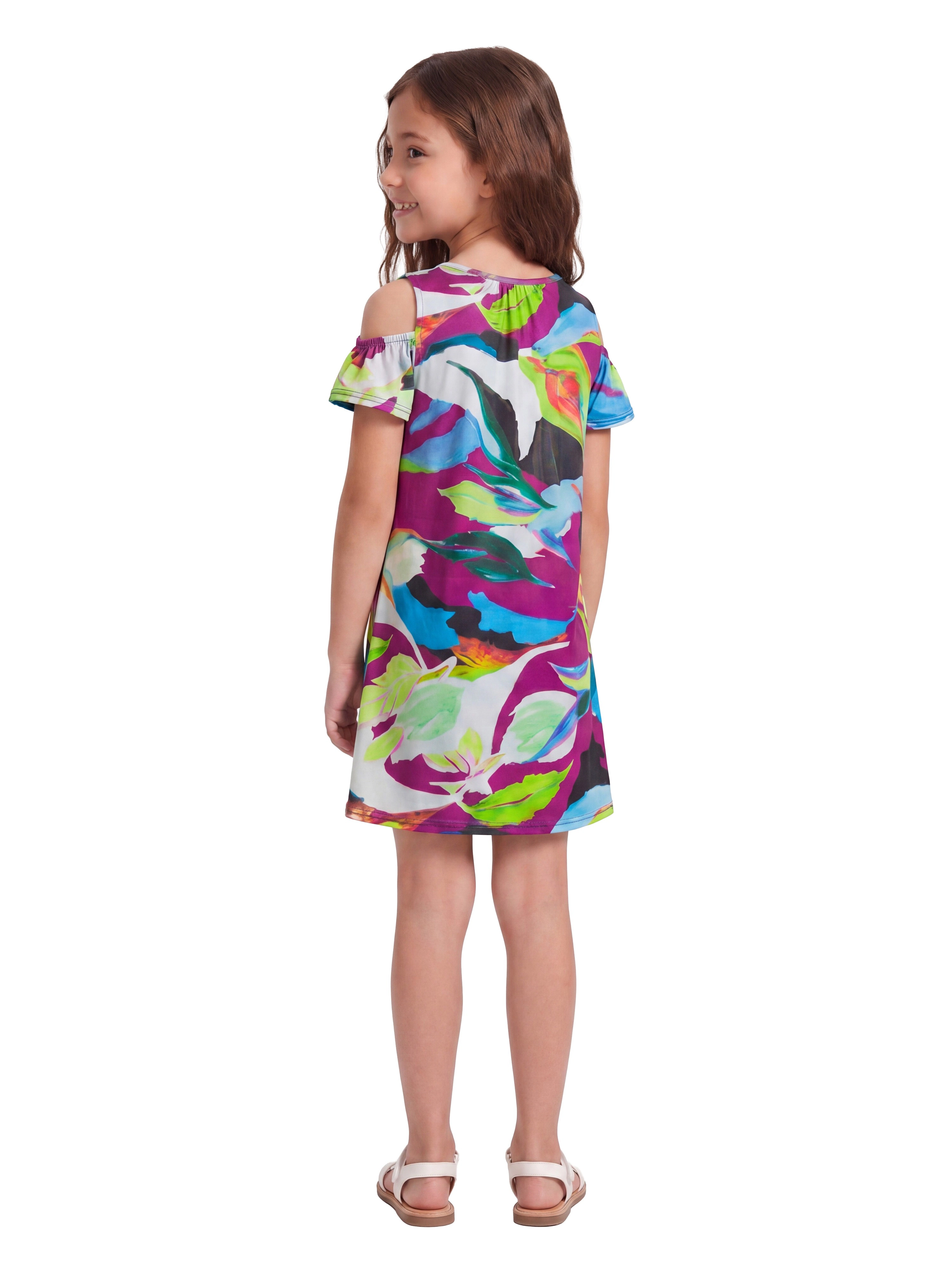 24sevenKid Essential Girls Multicolor Print Cold Shoulder A Line Dress