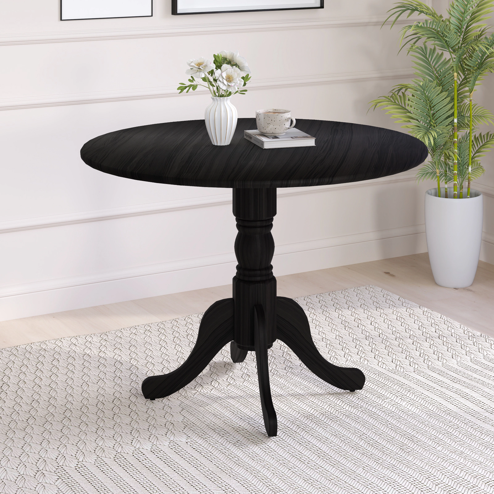 LJG Wooden Dining Table with Round Tabletop and Curved Trestle Legs