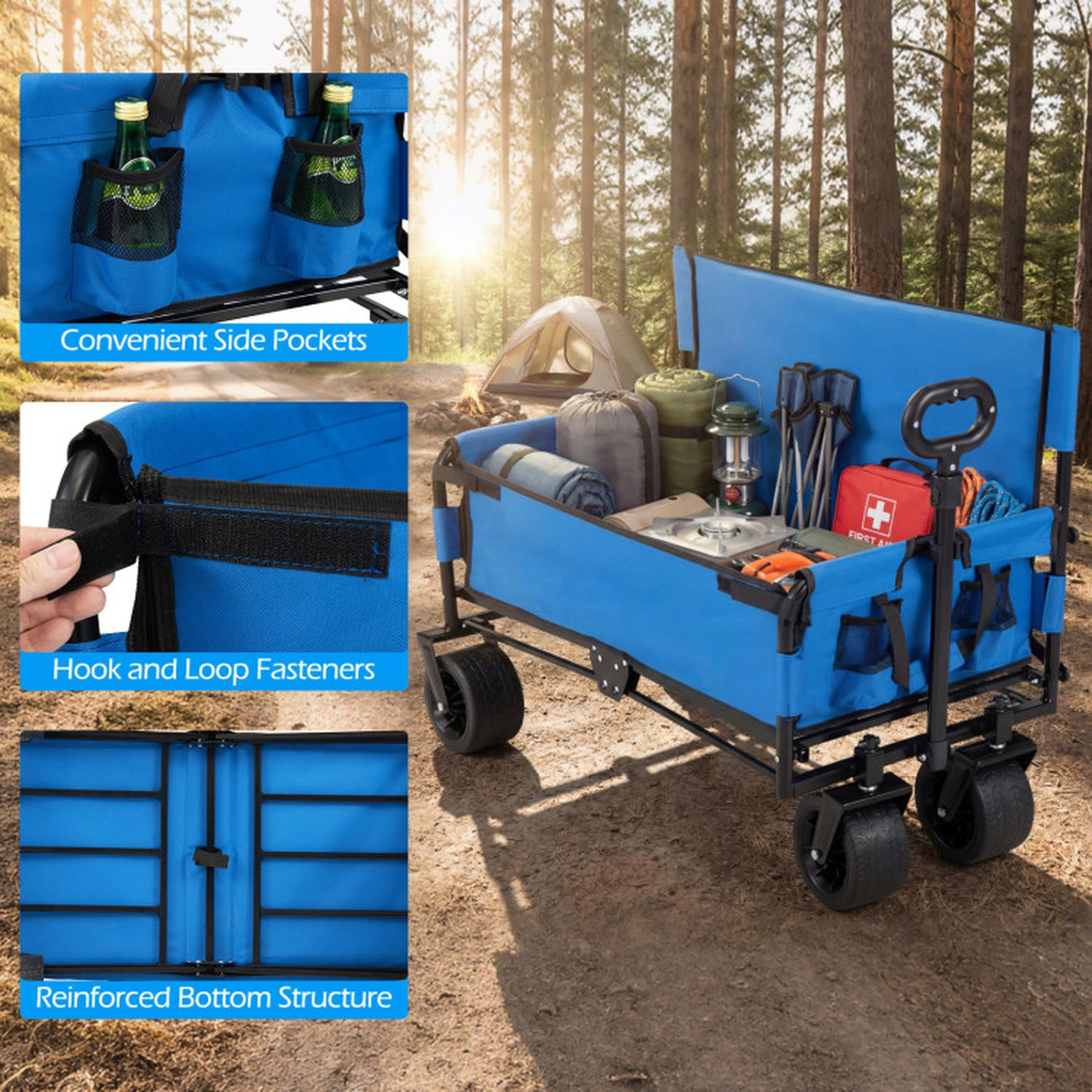 SUGIFT Blue 2-in-1 Collapsible Beach Wagon with Bench Seat and Rotating Handle 38-in W 176-lb Load Capacity