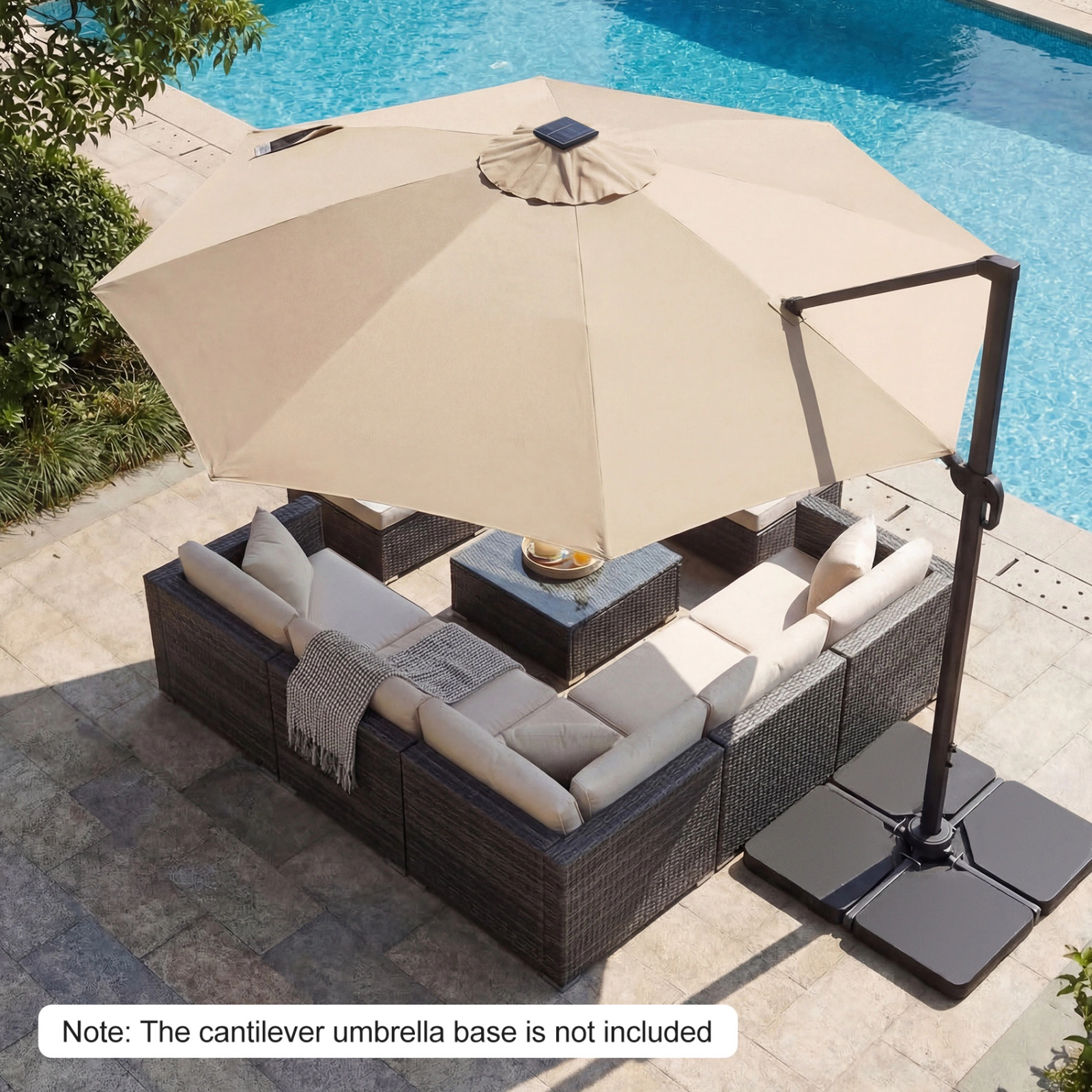 SUGIFT 10-ft Solar LED Cantilever Patio Umbrella with 360° Rotation and 6-Level Tilt 40 x 40-in Cross Base Beige