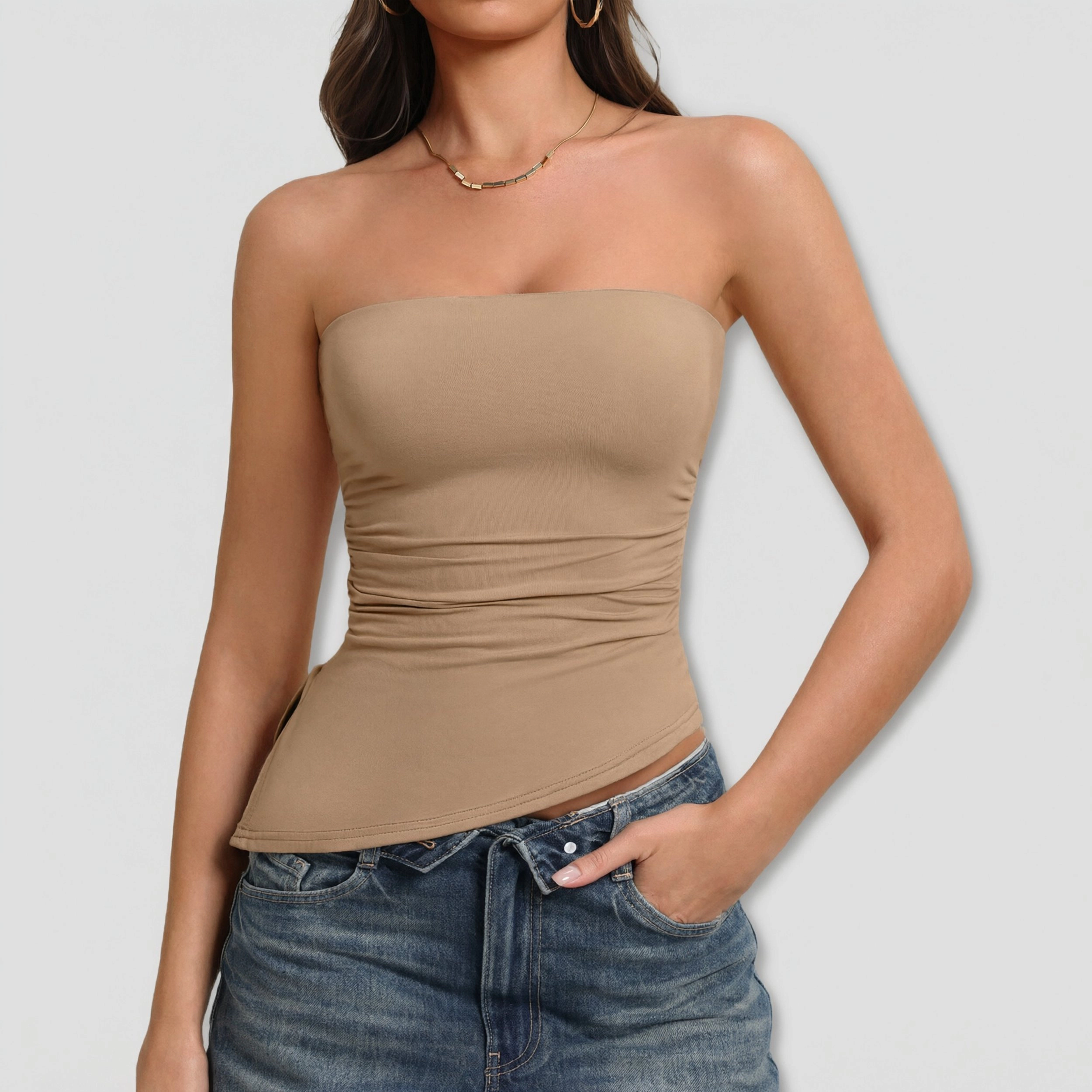 Avidlove Women's Double Lined Strapless Asymmetrical Hem Ruched Tube Top