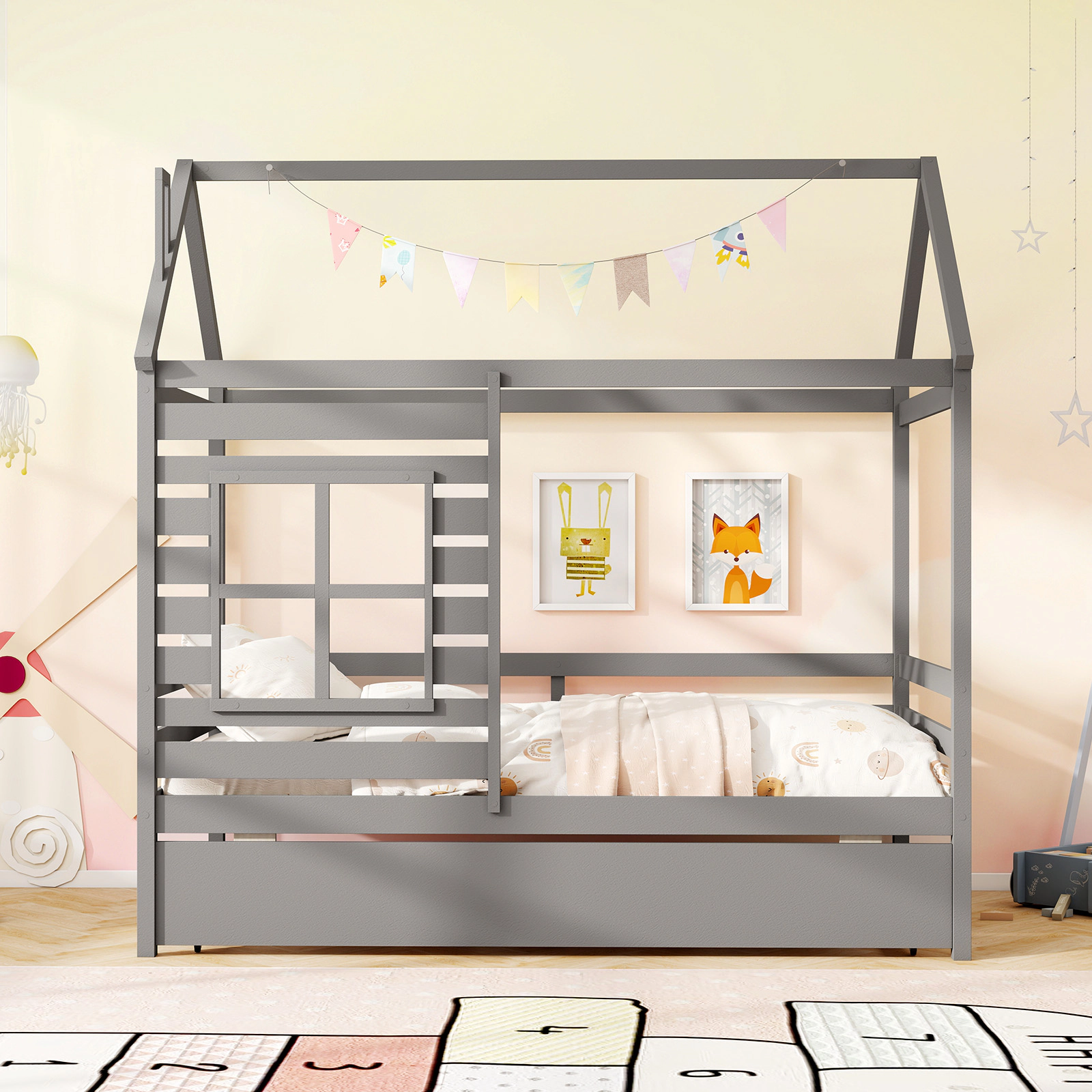 SUGIFT Twin House Bed with Trundle, Roof, Chimney, Window and Guardrails, Gray