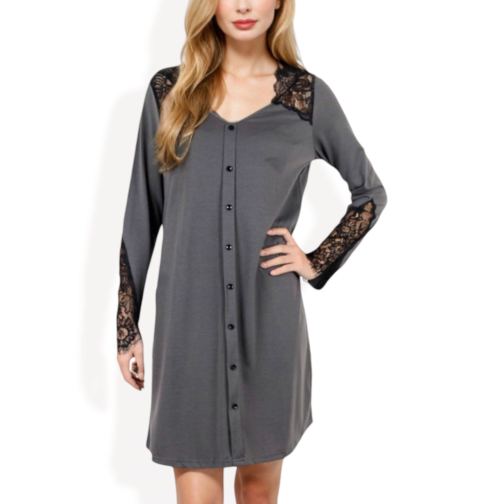 Anna-Kaci Women's Button Front Lace Shoulder Sleeve Detail Nightdress