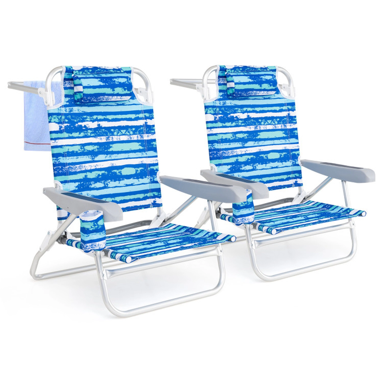 SUGIFT Set of 2 Blue Folding Beach Chairs with Lay-Flat Backrests