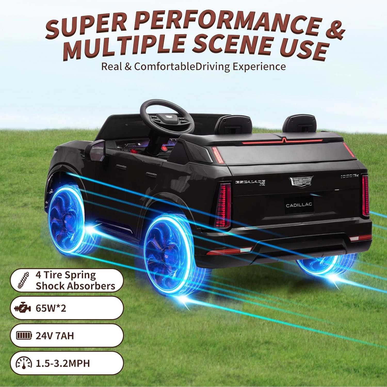 24V Licensed Cadillac Kids Ride On Car, 2-Seater Electric Vehicle w/ Remote, Music, LED, Shock Absorbers & Seatbelts