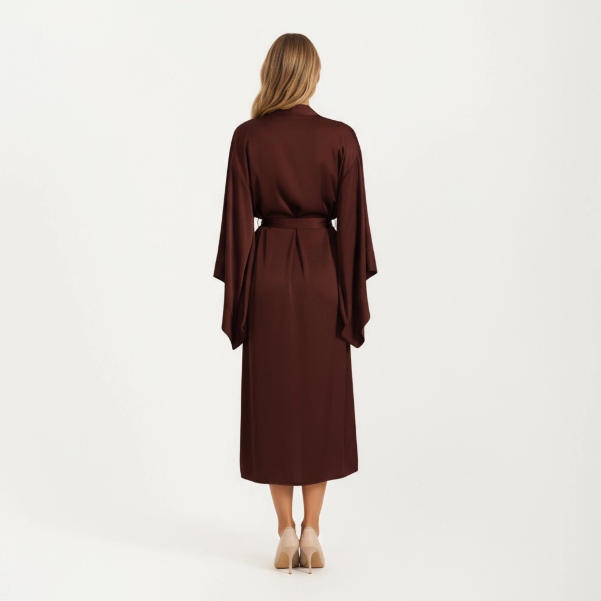 Anna-Kaci Women's Satin Mid-Length Robe with Waist Tie and Wide Sleeves