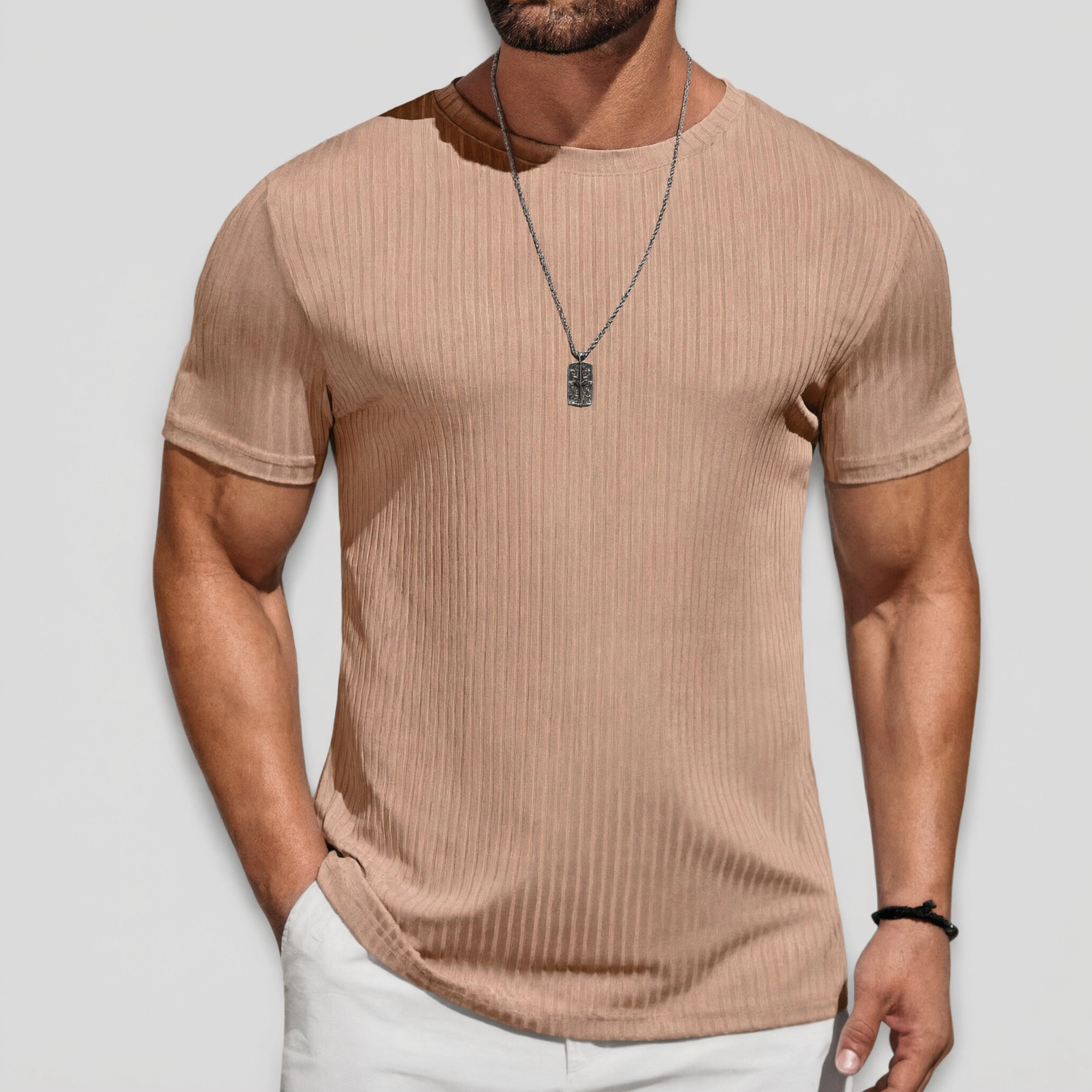 COOFANDY Mens Ribbed Short Sleeve T-Shirt Crew Neck Slim Fit Curved Hem Casual Tee