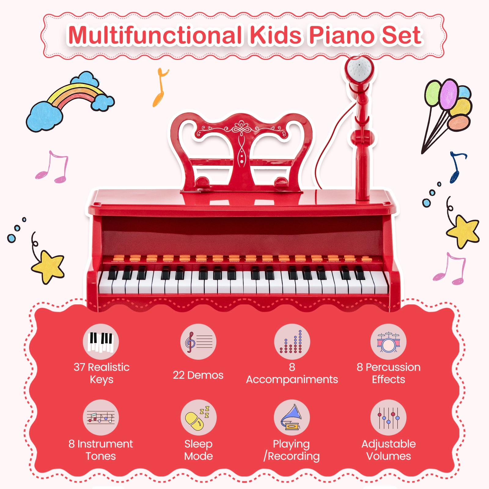 SUGIFT 37-Key Kids Piano Keyboard with Microphone and Detachable Music Stand Ages 3+ Red