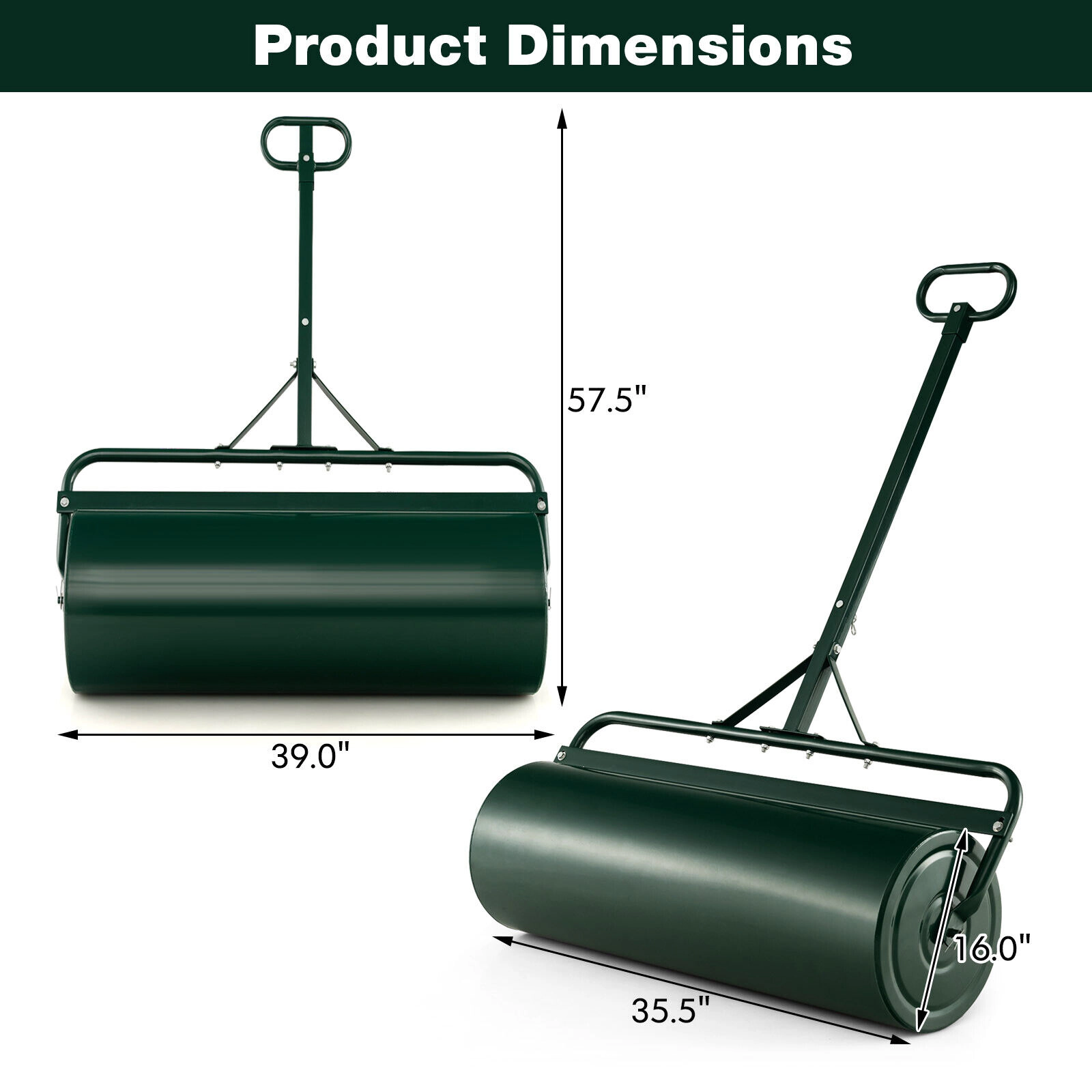 SUGIFT 39 in Wide Lawn Roller Green 30 Gallon Push and Tow Roller with Metal Frame