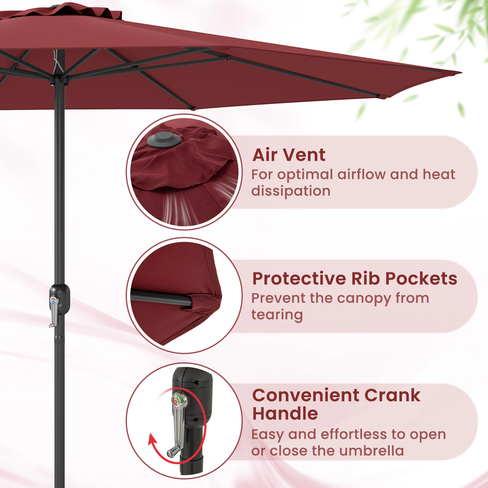 SUGIFT 12-Ft Patio Umbrella with Crank Handle and 8 Sturdy Ribs 12 x 8.2-in Canopy 6.9-ft Umbrella Rim Height Red