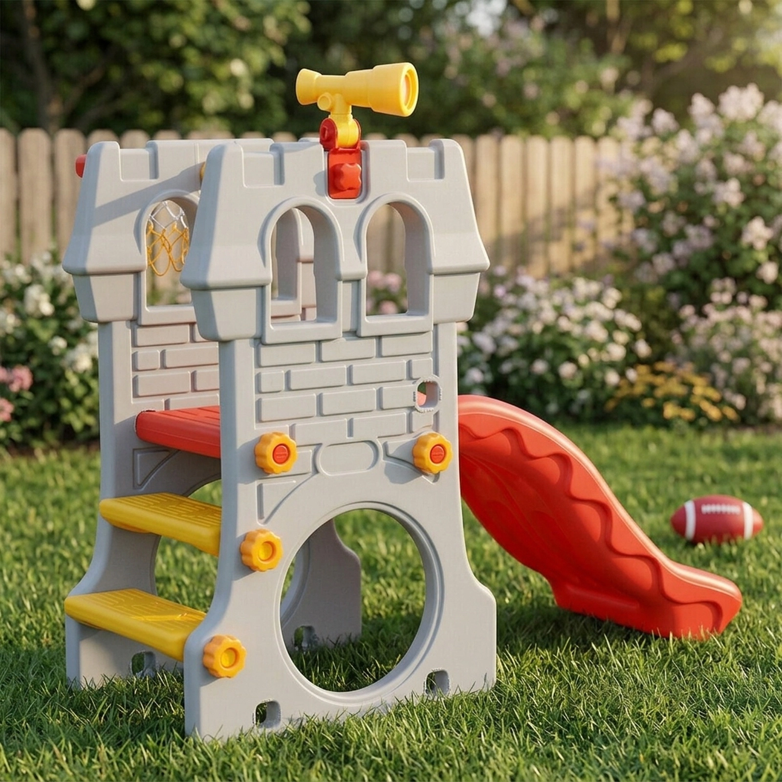 5-in-1 Toddler Climber Slide Playset 12-in Basketball Hoop Football Goal Telescope Guardrails 110-lb Capacity Ages 3-8