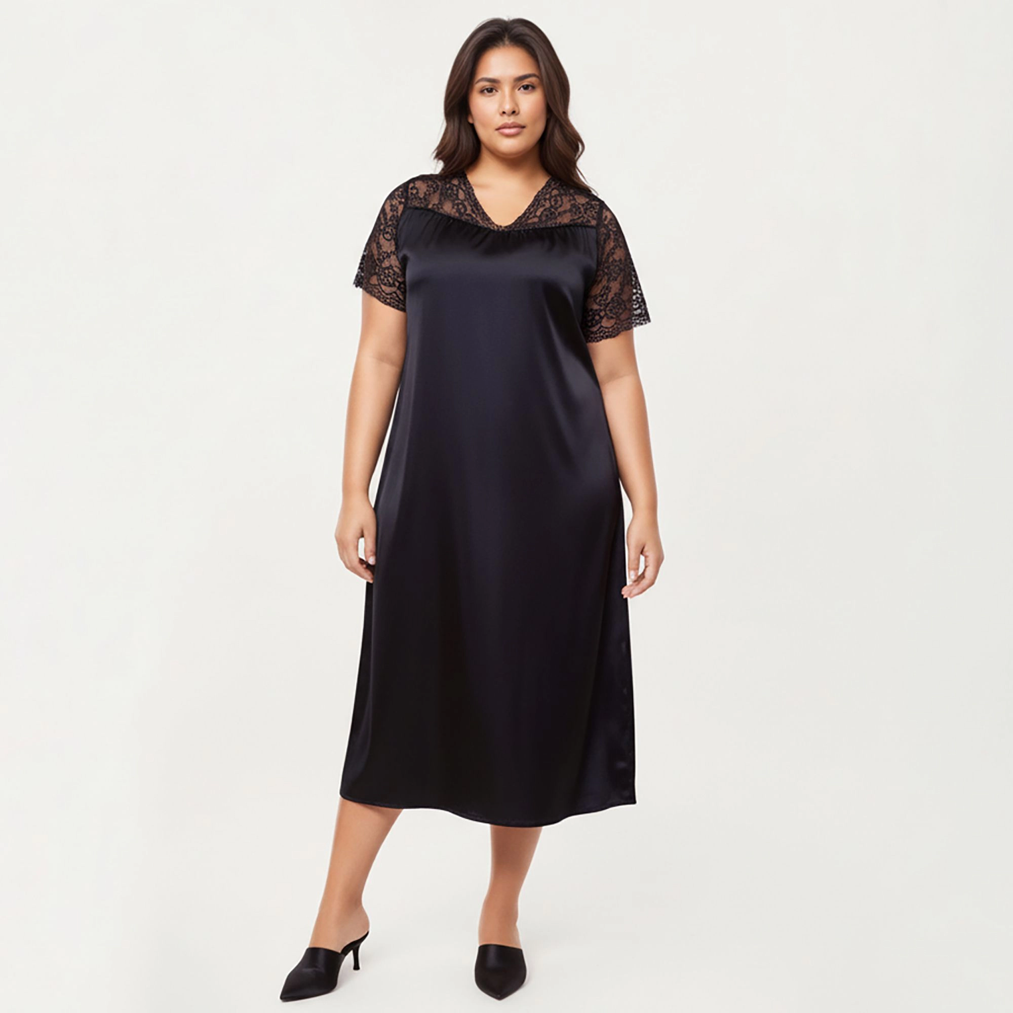 Anna-Kaci Women's Plus Satin Nightgown with Delicate Lace V-Neck Short Sleeves and Soft Flowing Silhouette