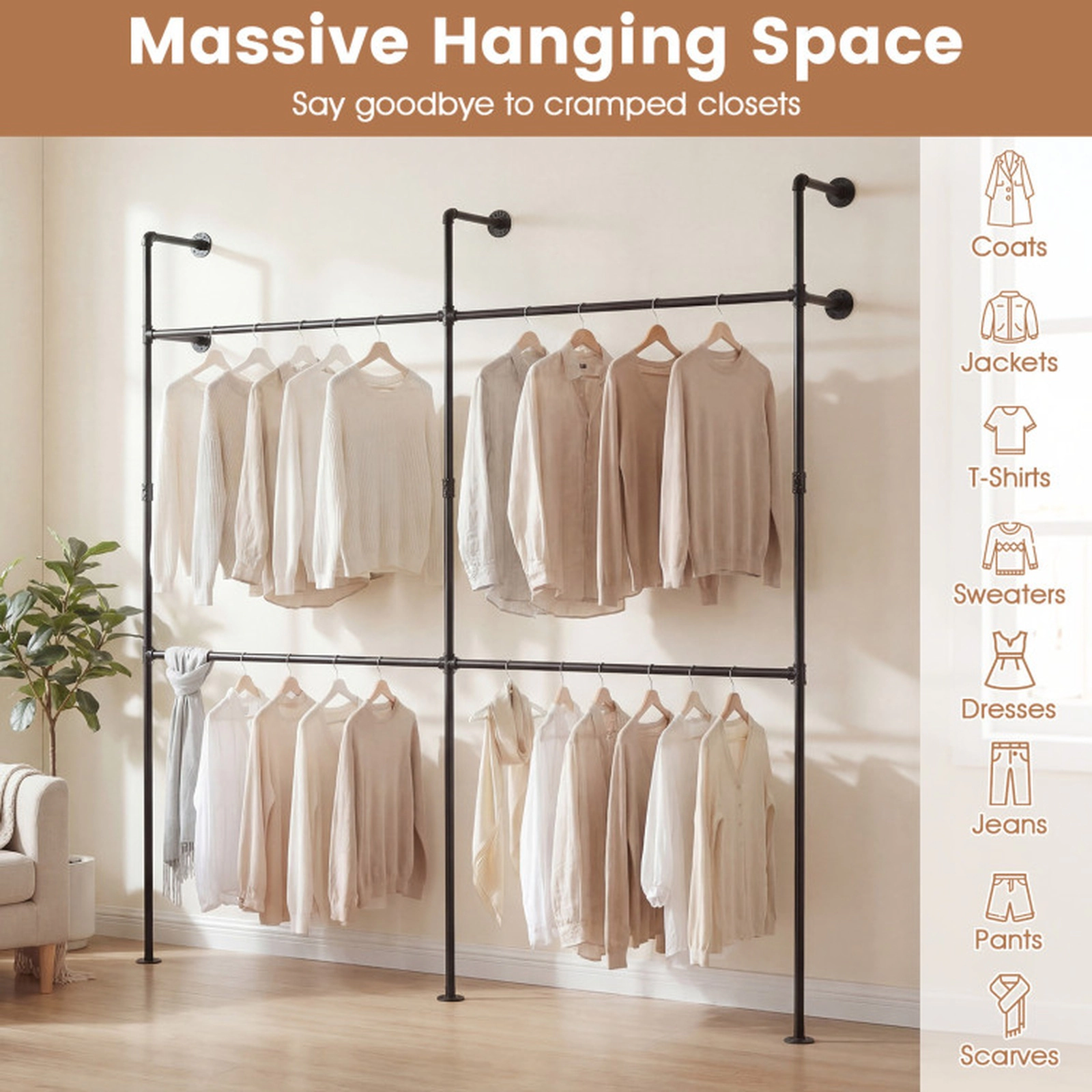 SUGIFT 4 Hanging Rods Double-Tier Wall Mounted Pipe Clothing Rack 79-in x 12.5-in x 89.5-in 45-lb per Rod Black