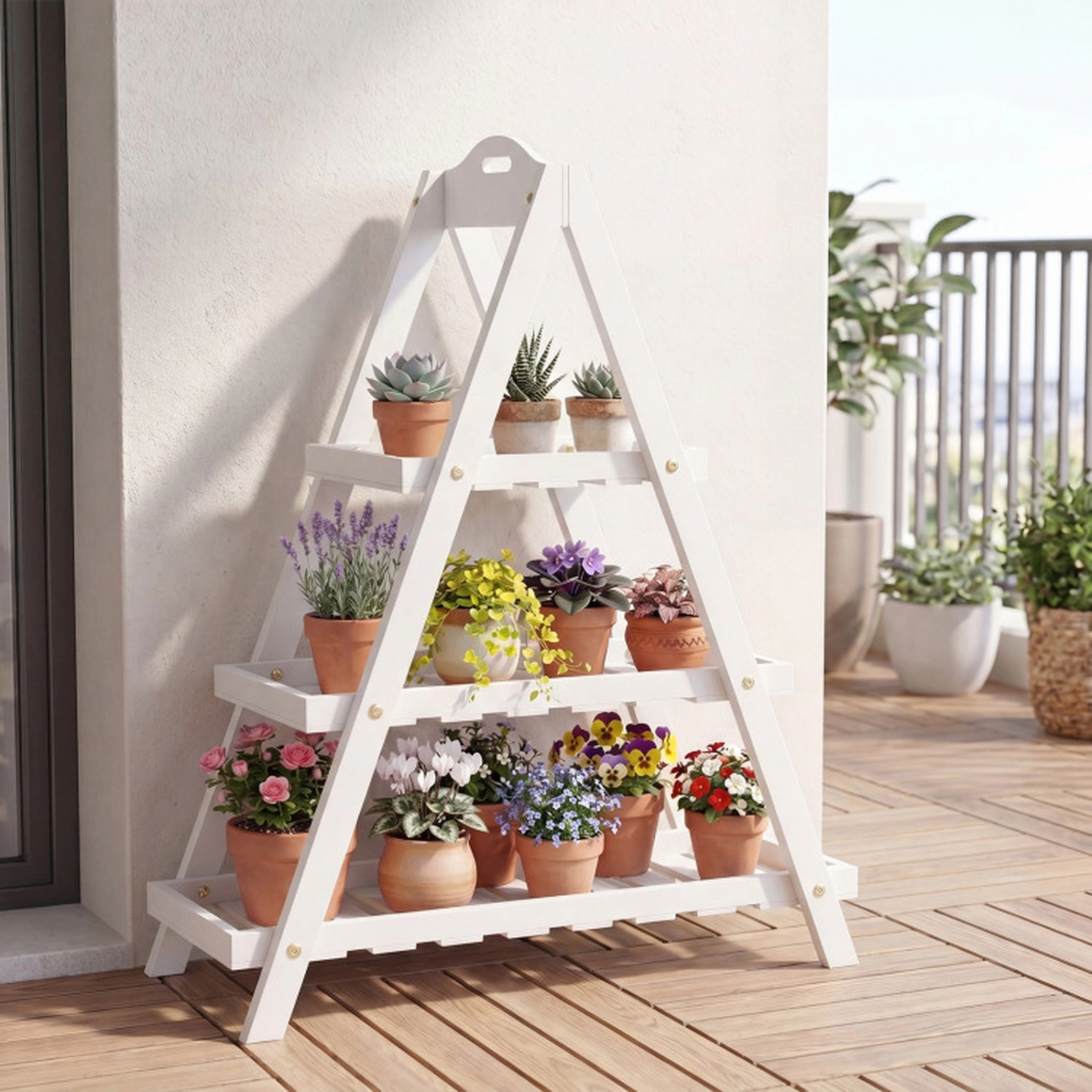 SUGIFT 3-Tier Plant Stand Flower Pot Display Shelf 33-lb Total Capacity 11-lb Per Shelf White/Natural