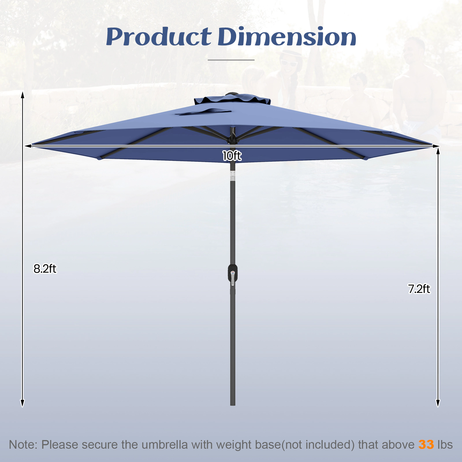 SUGIFT 10-ft Navy Patio Umbrella with Push Button Tilt Hand Crank and Steel Pole for Deck Pool and Cafe