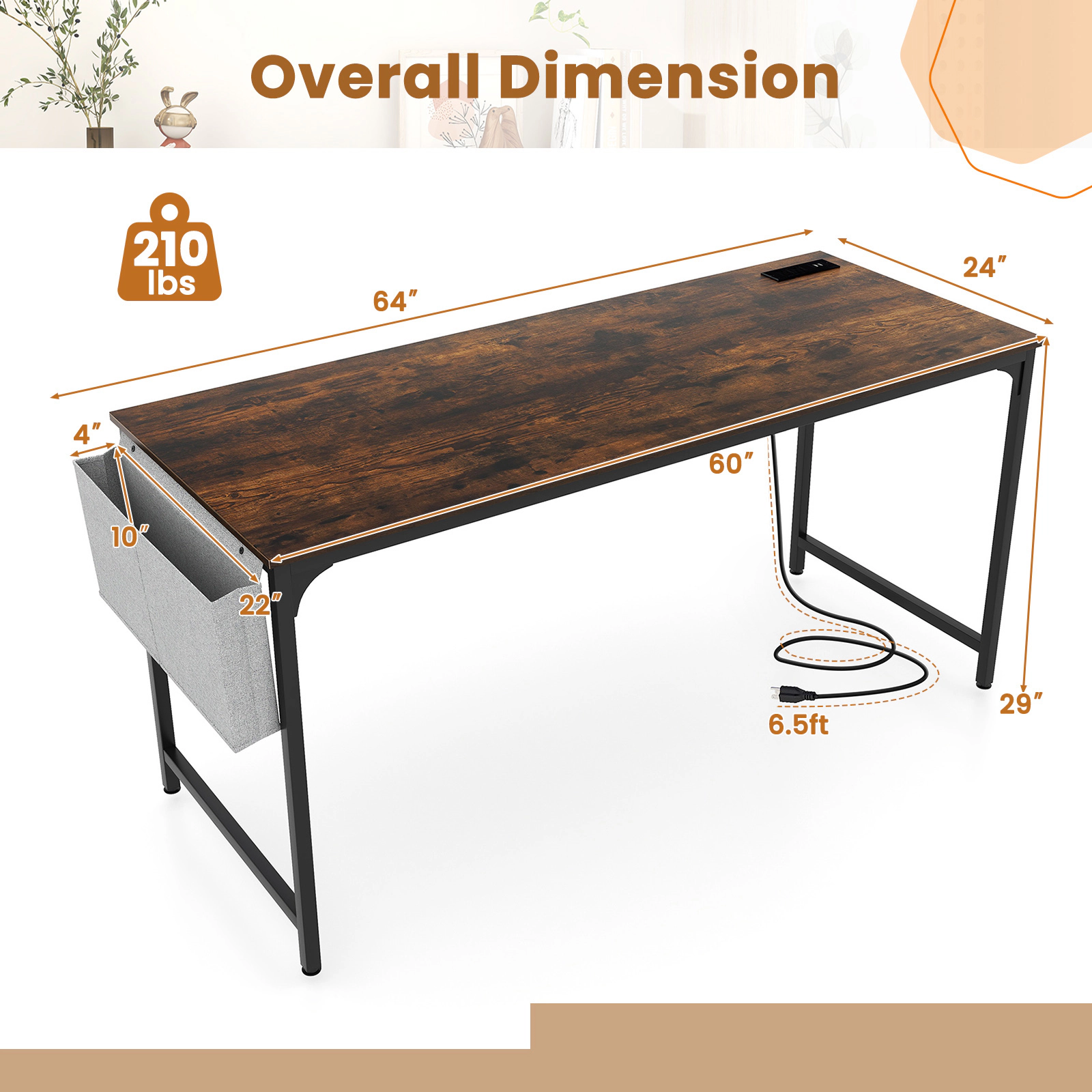 SUGIFT 64-Inch Rustic Brown Industrial Computer Desk with Power Outlet, USB Port, Storage Bag and Hook