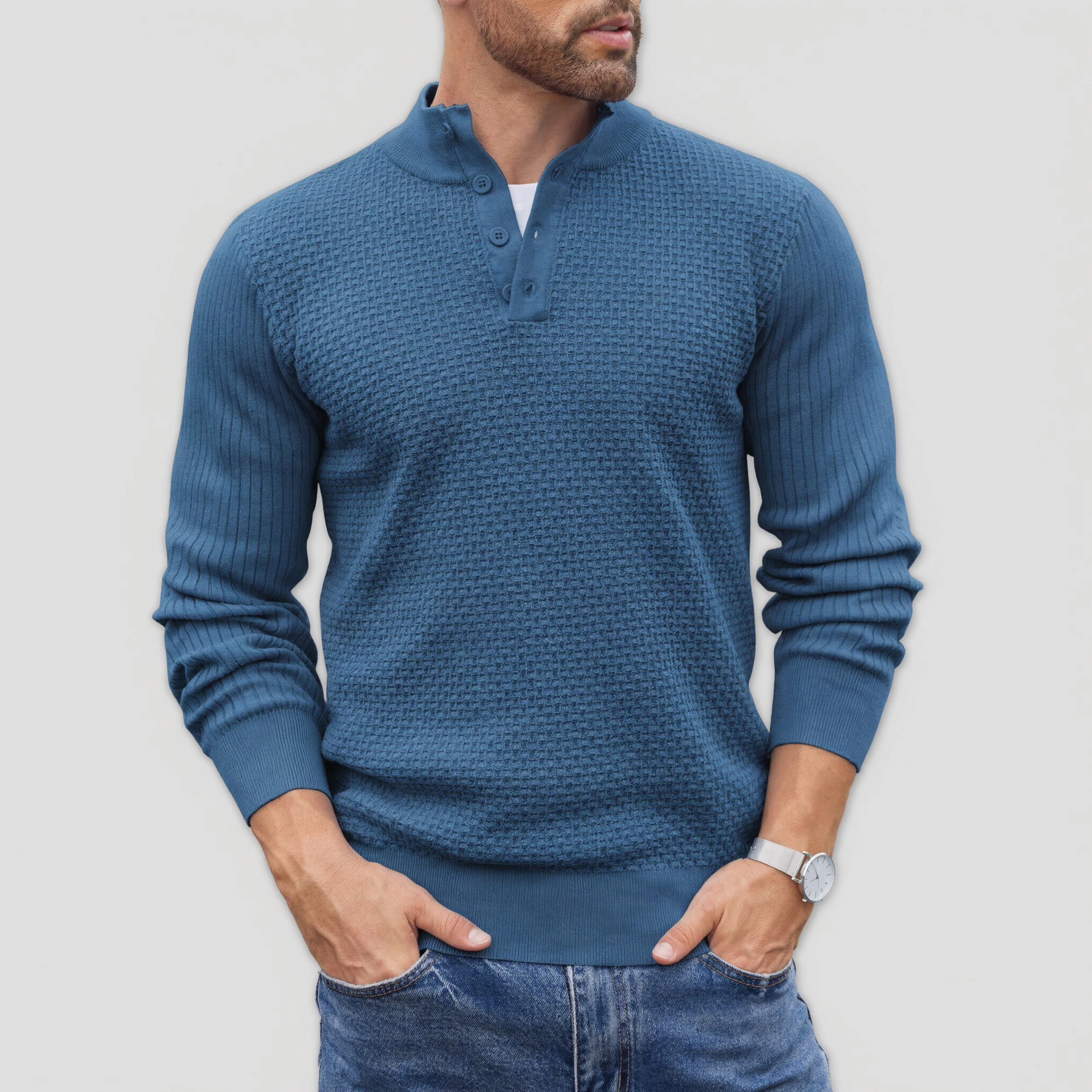 COOFANDY Mens Long Sleeve Henley Sweater Fall Button Mock Neck Waffle Knit Tops