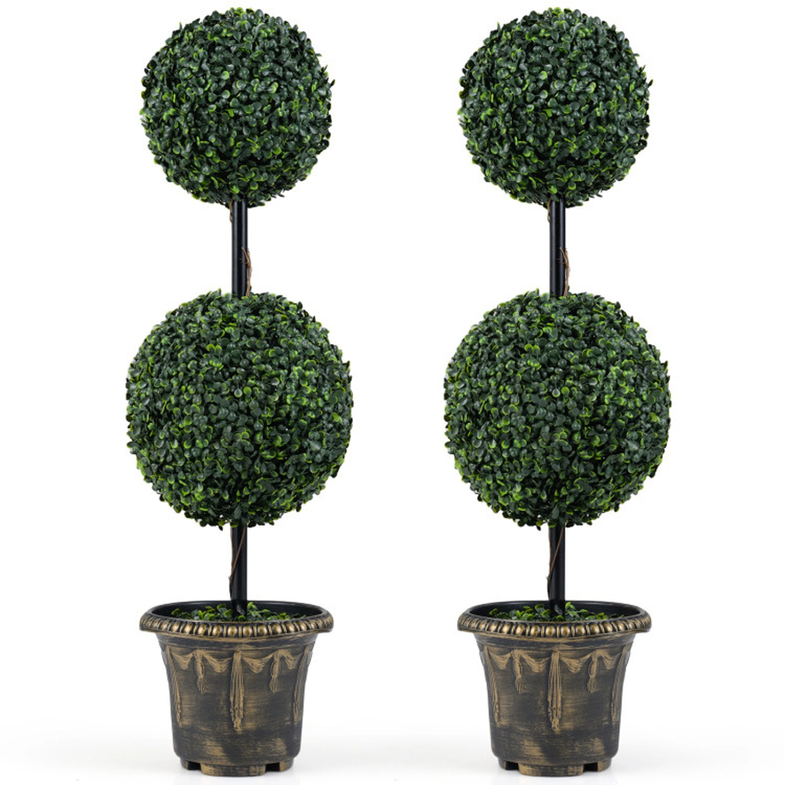 SUGIFT Set of 2 35-in Artificial Boxwood Double Ball Topiary Trees with Metal Trunks and Black Golden Pots