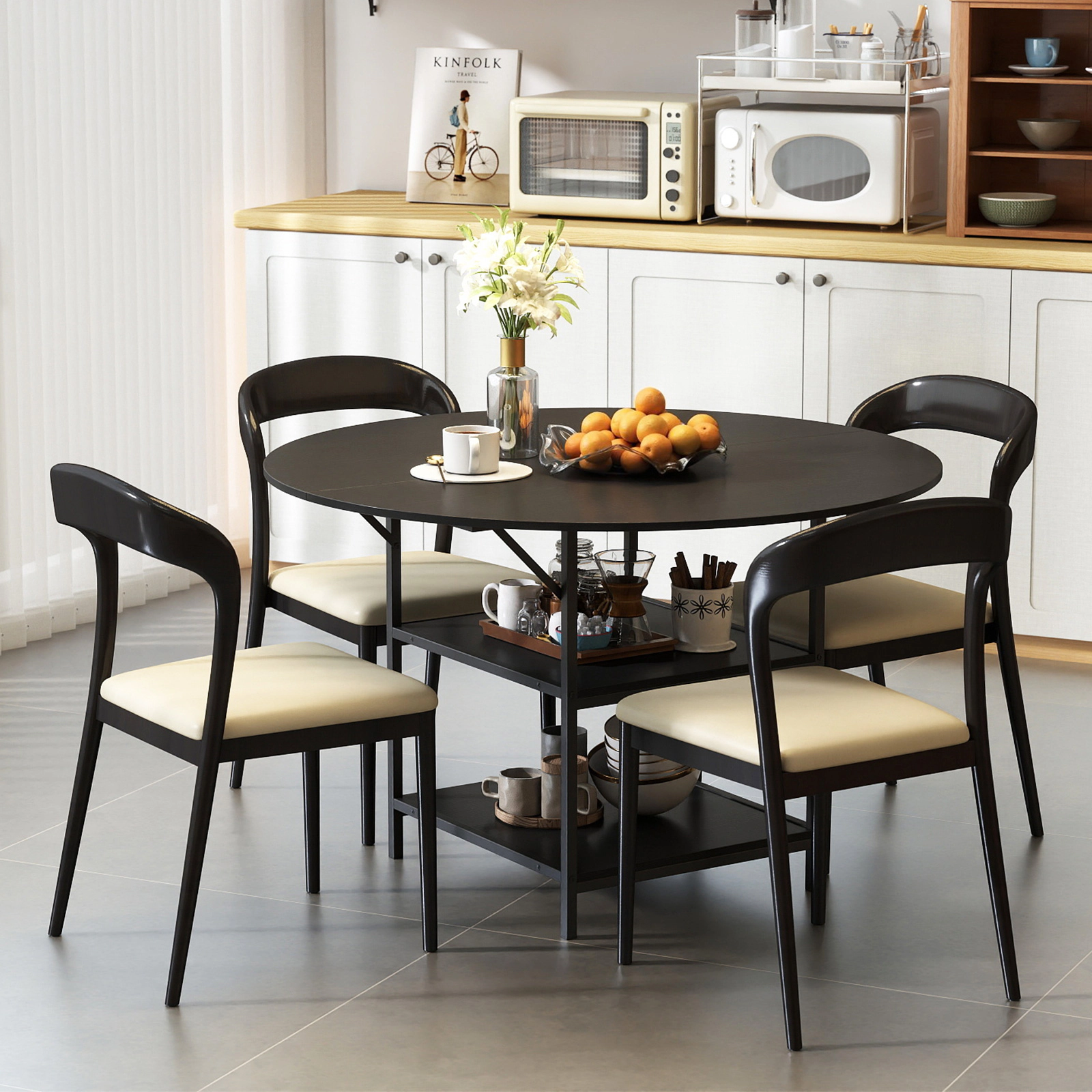 LJG 47 Inch Round Dining Table for 4-6 People Large Kitchen with 2-Tier Storage Shelves