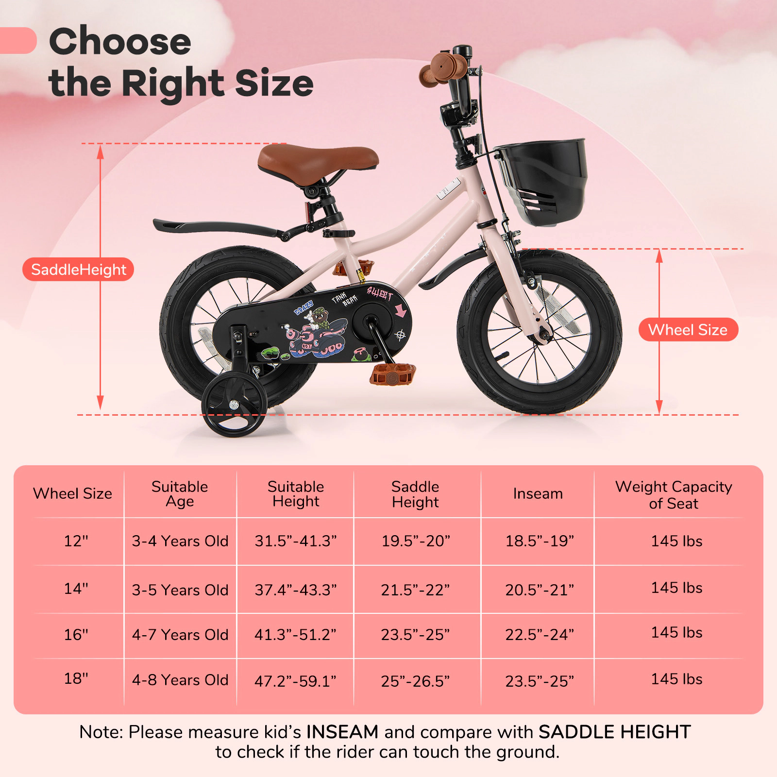 SUGIFT Pink Removable Training Wheels and Front Storage Basket Kids Bike