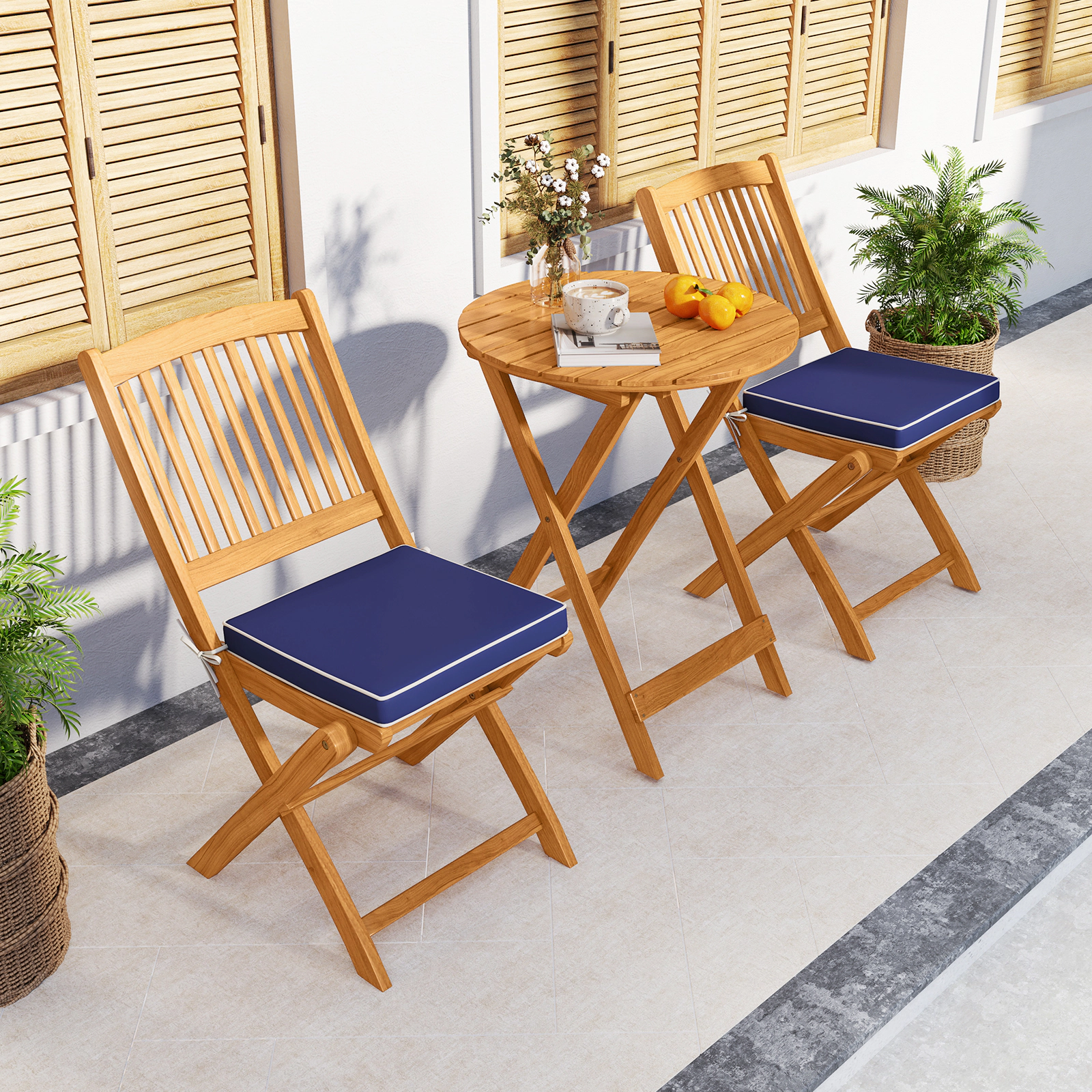 LJG 3 Pieces Acacia Wood Patio Folding Bistro Set with Soft Cushions