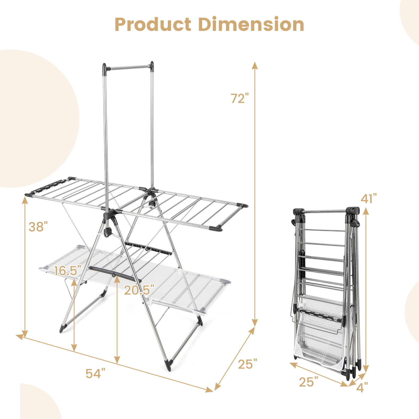 SUGIFT Large Foldable Clothes Drying Rack Silver with Tall Hanging Bar and Shelf