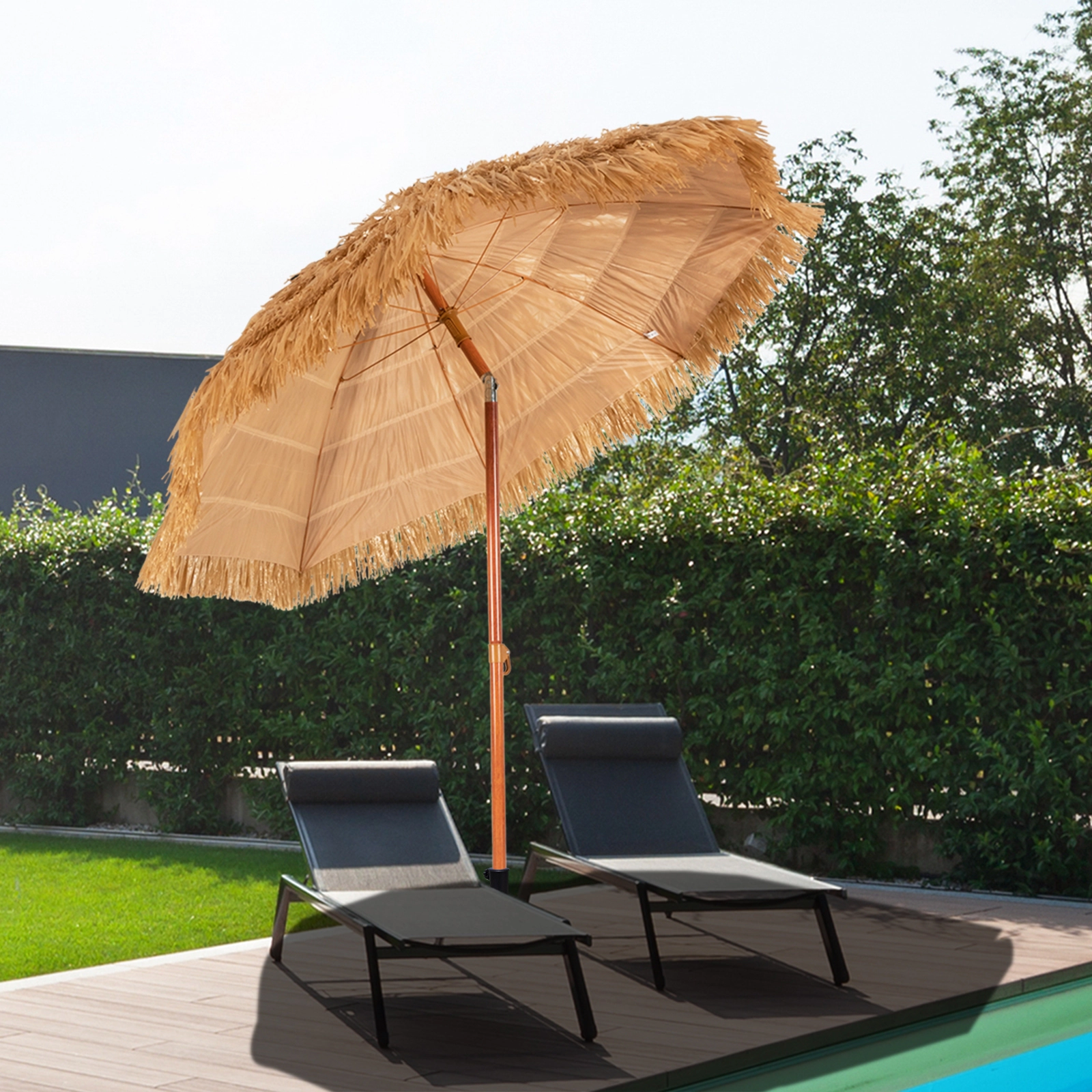 SUGIFT 6.5-ft Portable Thatched Tiki Beach Umbrella with Adjustable Tilt Iron Pole Khaki