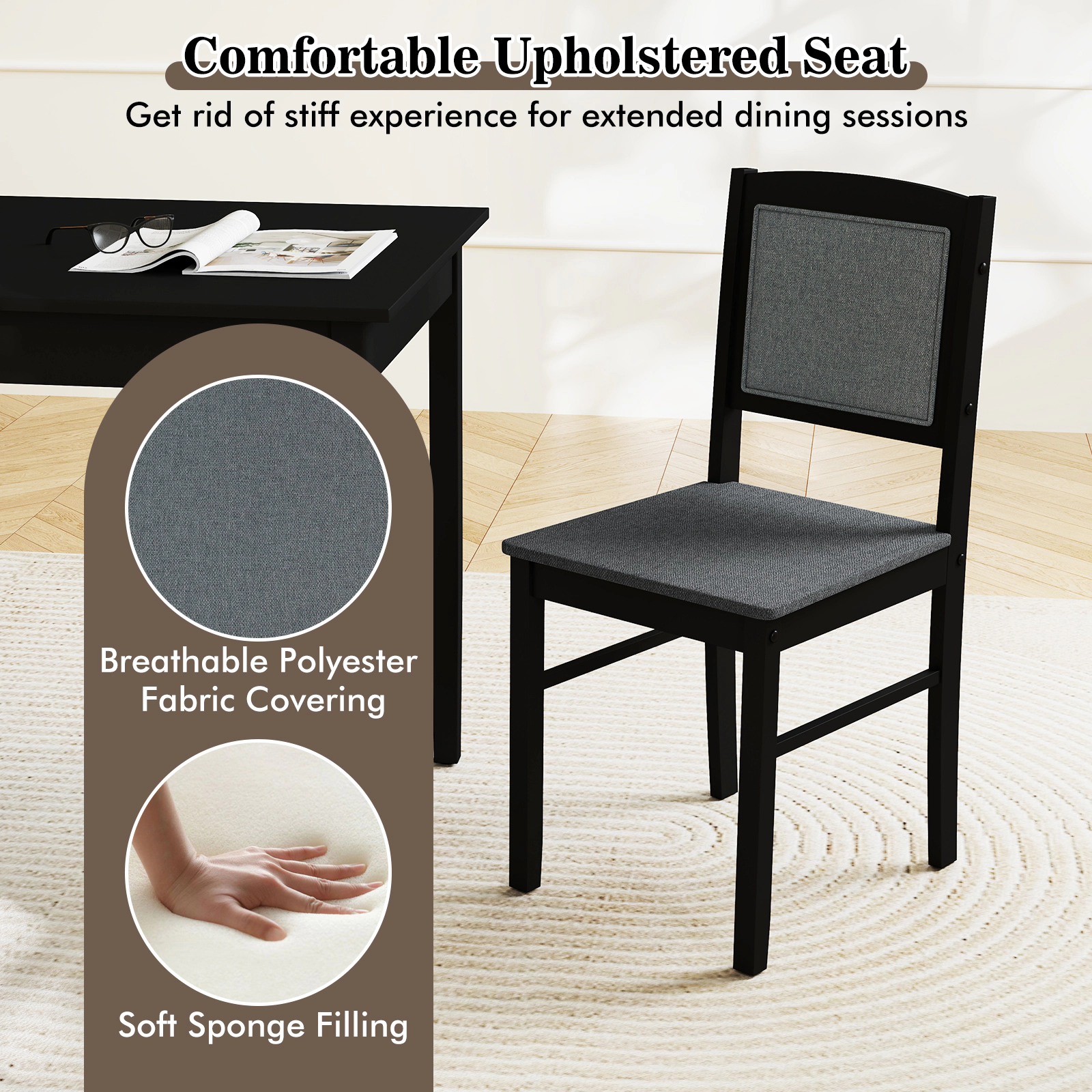 SUGIFT 5-Piece Farmhouse Dining Set for 4, 45-Inch Table with Upholstered Chairs