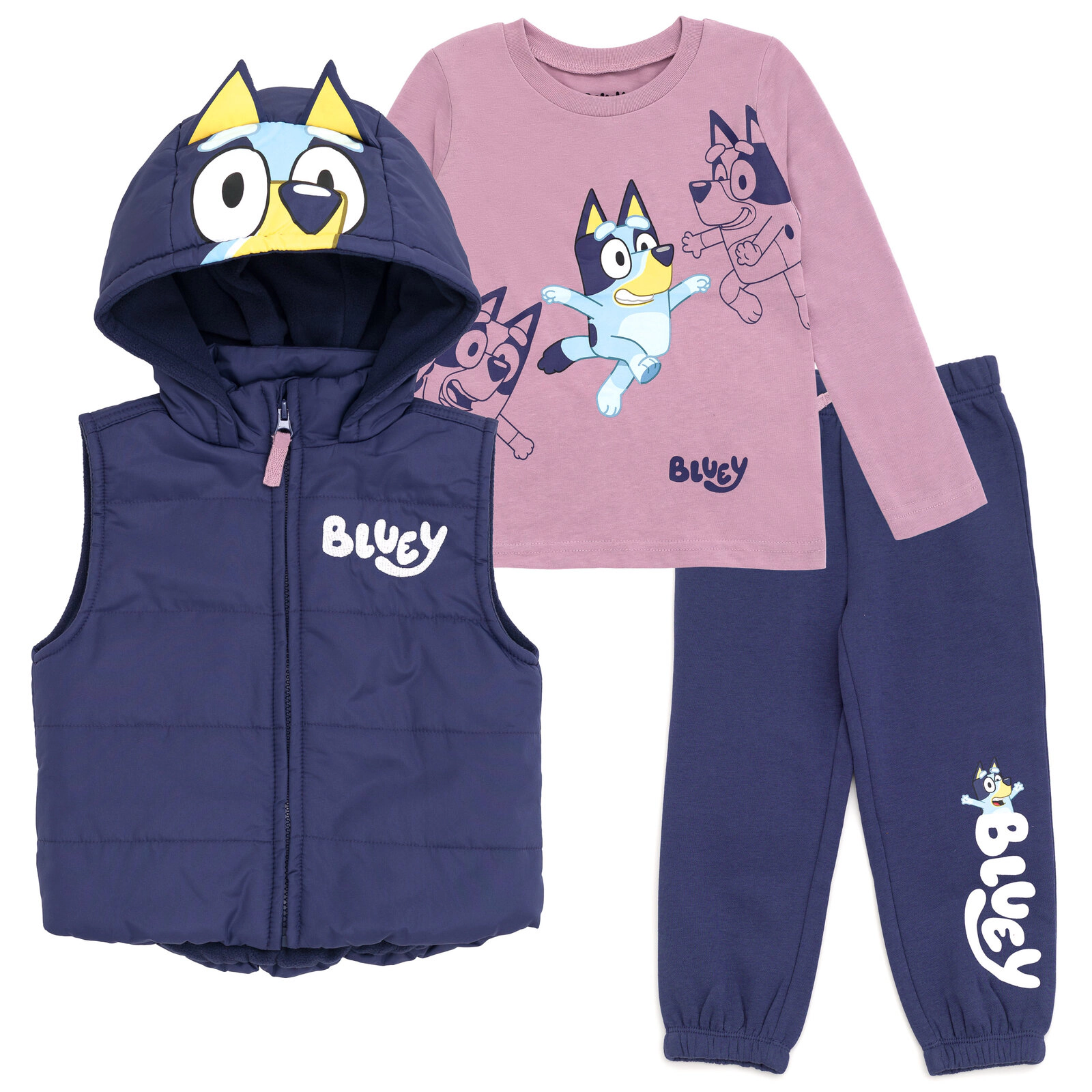 Bluey Girls' Zip-Up Hooded Vest, Tee and Pants Set