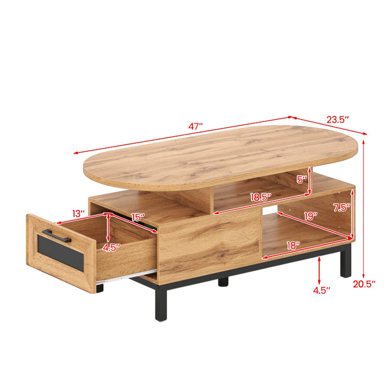Hivvago Living Room Oval Coffee Table, 47-Inch with Built-In Storage and Shelves