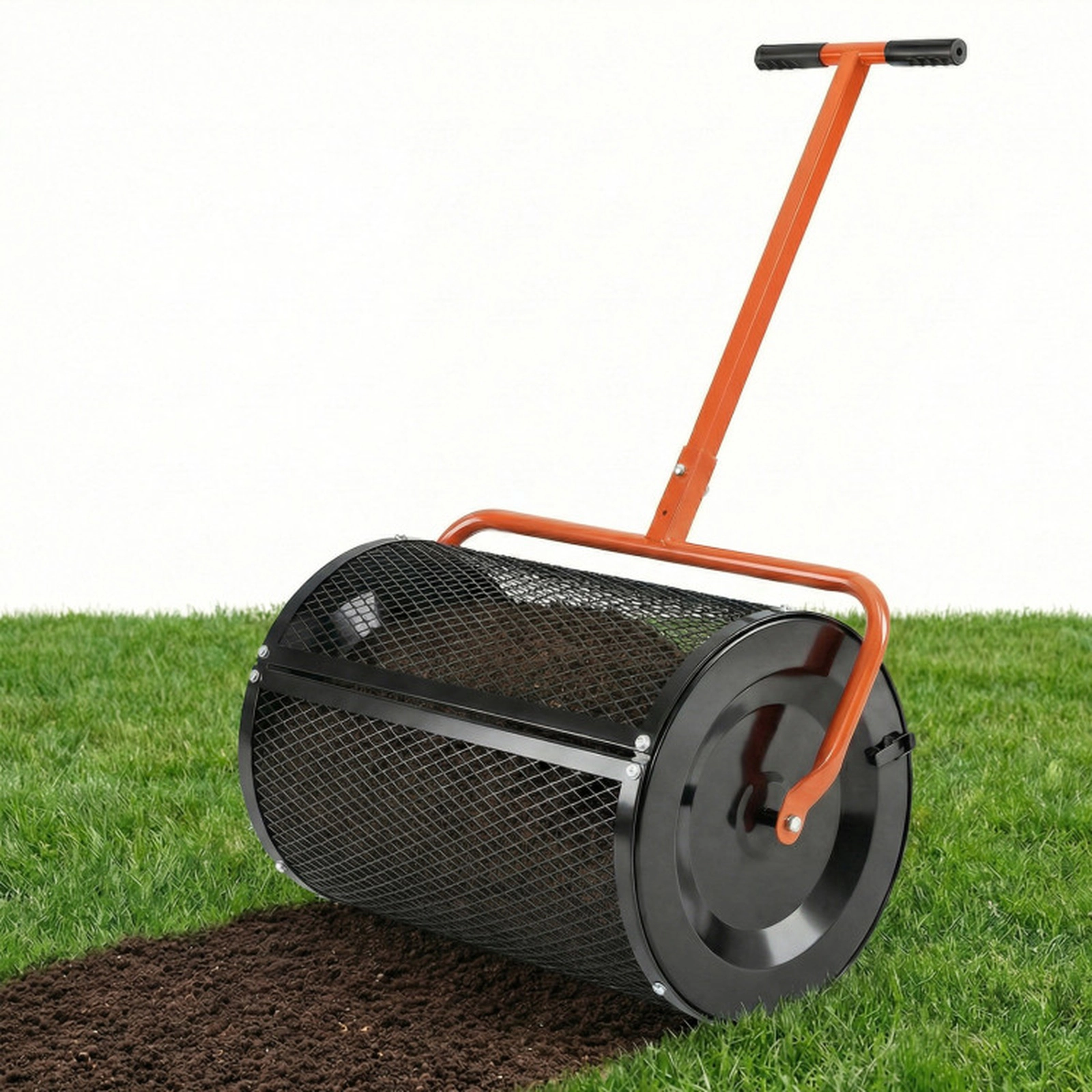 SUGIFT 24-in 2.7-cu ft Orange Compost Spreader Peat Moss Roller with Height Adjustable T-Shape Handle