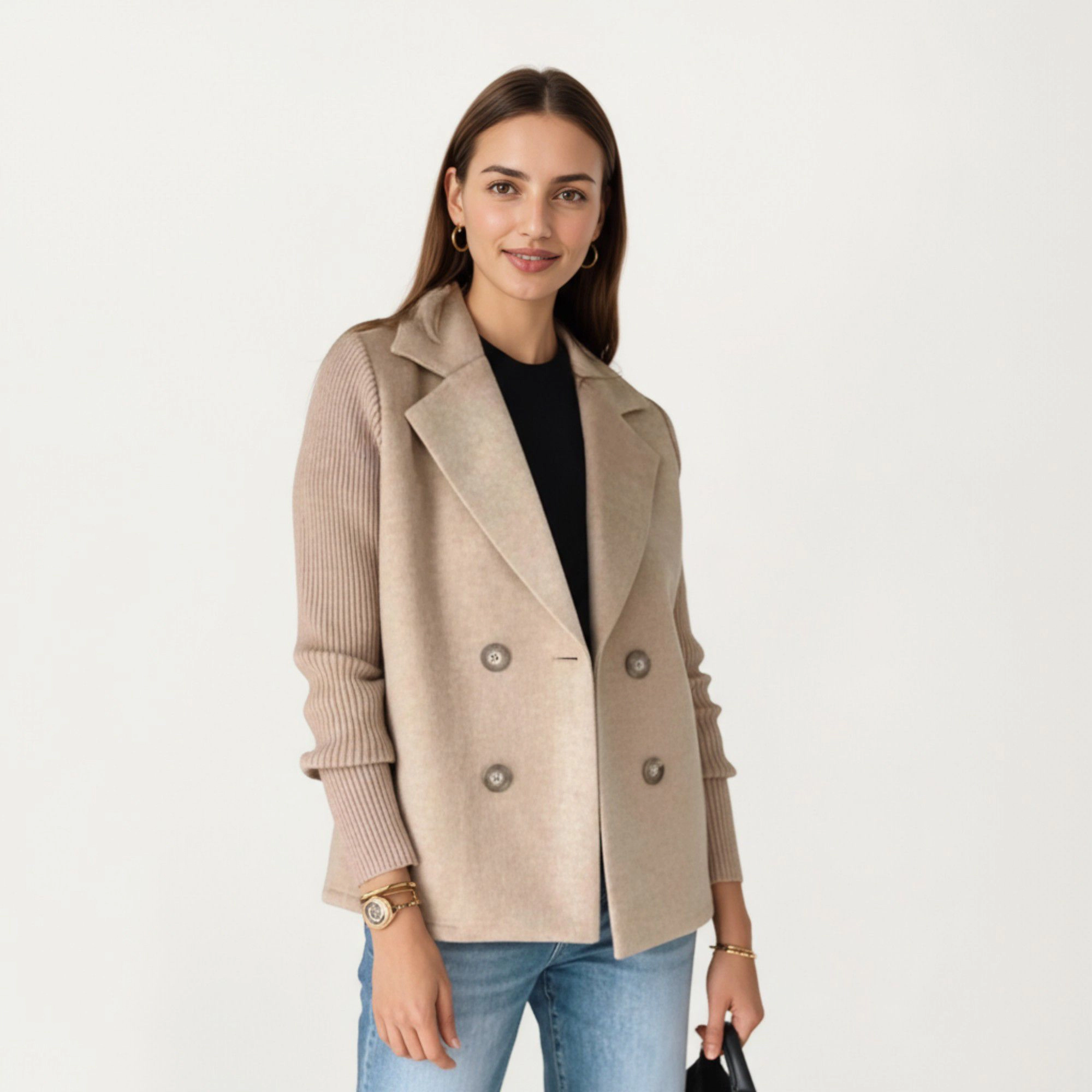 Anna-Kaci Women's Double Breasted Knit Sleeve Peacoat Jacket with Soft Structured Body Relaxed Wide Lapels and Textured