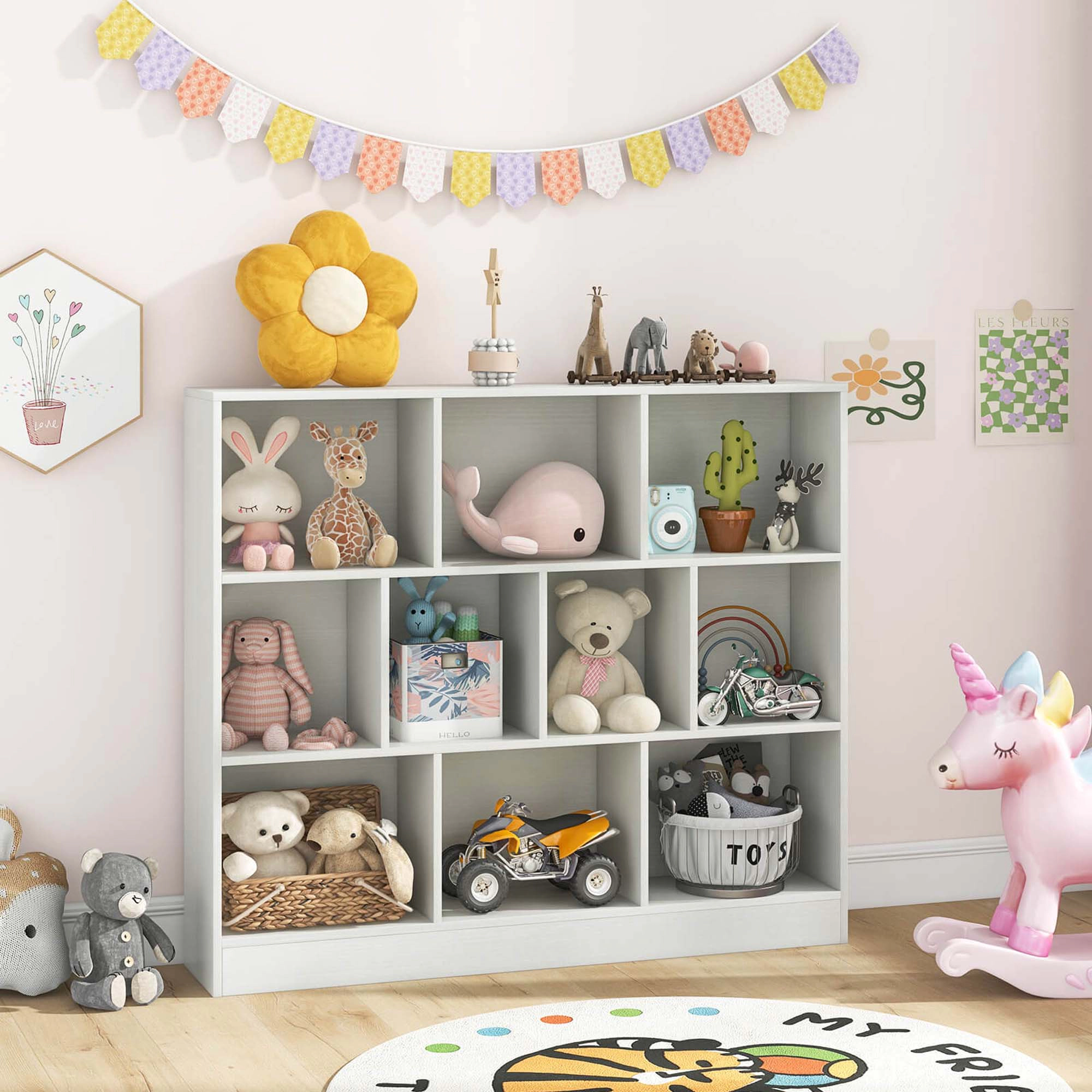 Costway 10-Cube Bookcase for Kids 41"Wooden Toy Storage Organizer for Kid’s Room Natural